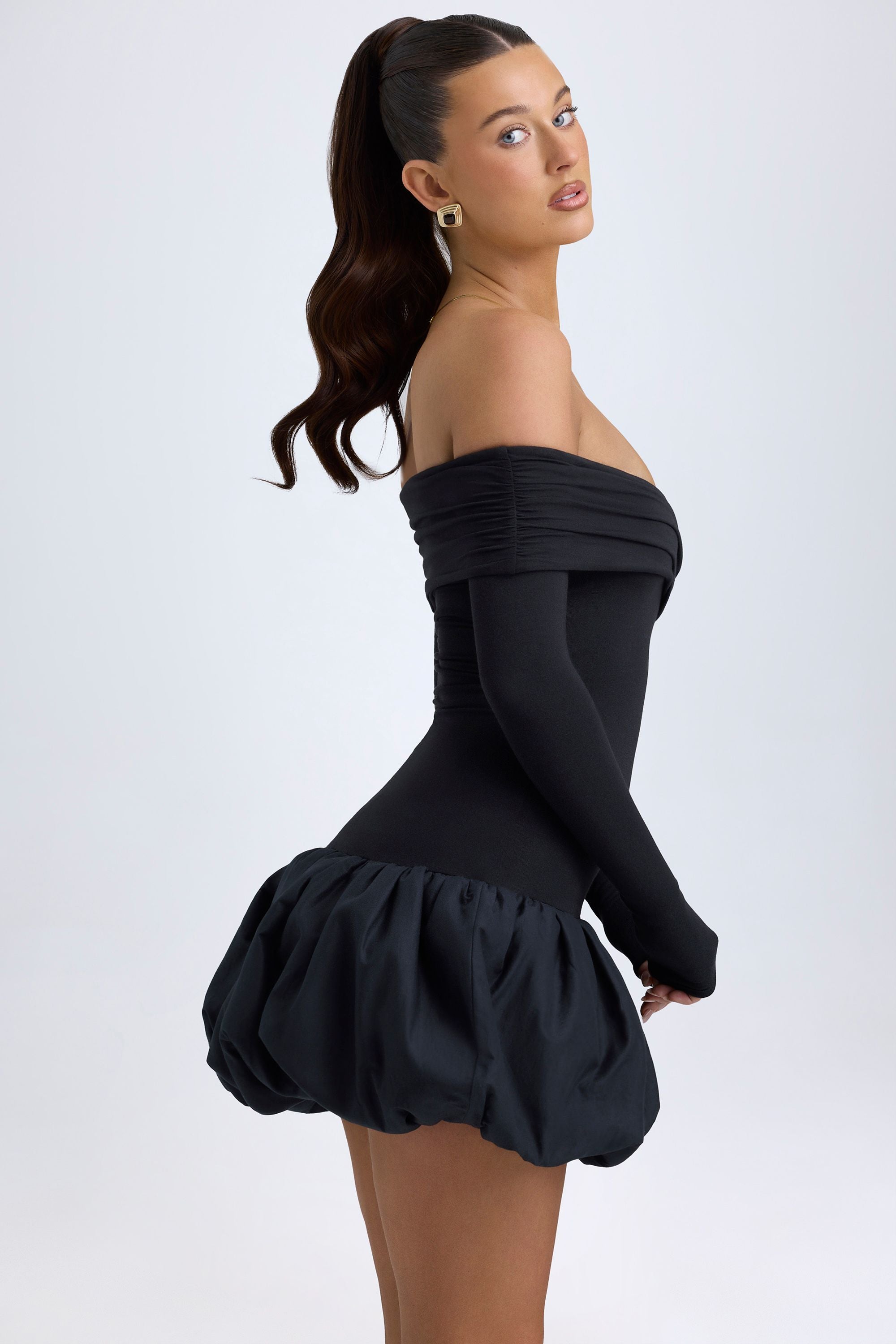 Modal Off-Shoulder Bubble Hem Mini Dress in Black