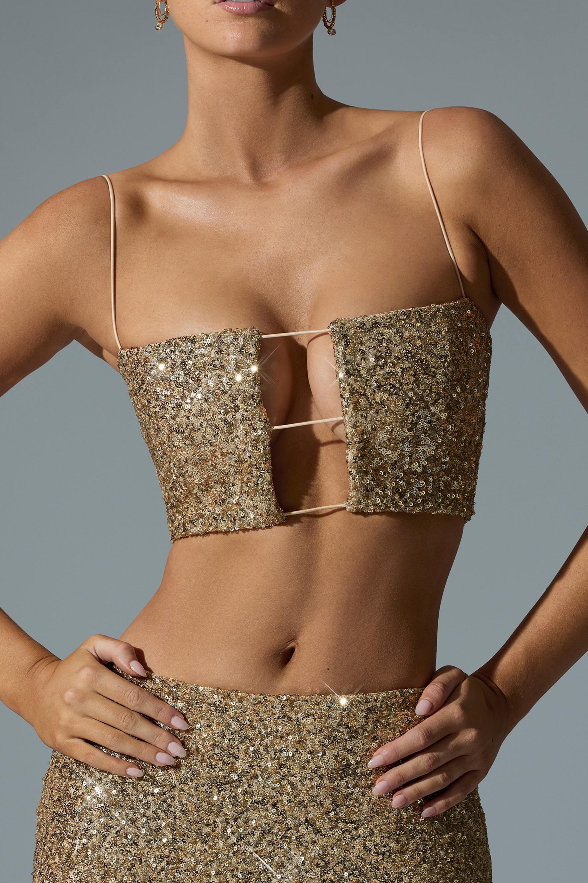 Embellished Cut-Out Crop Top in Gold