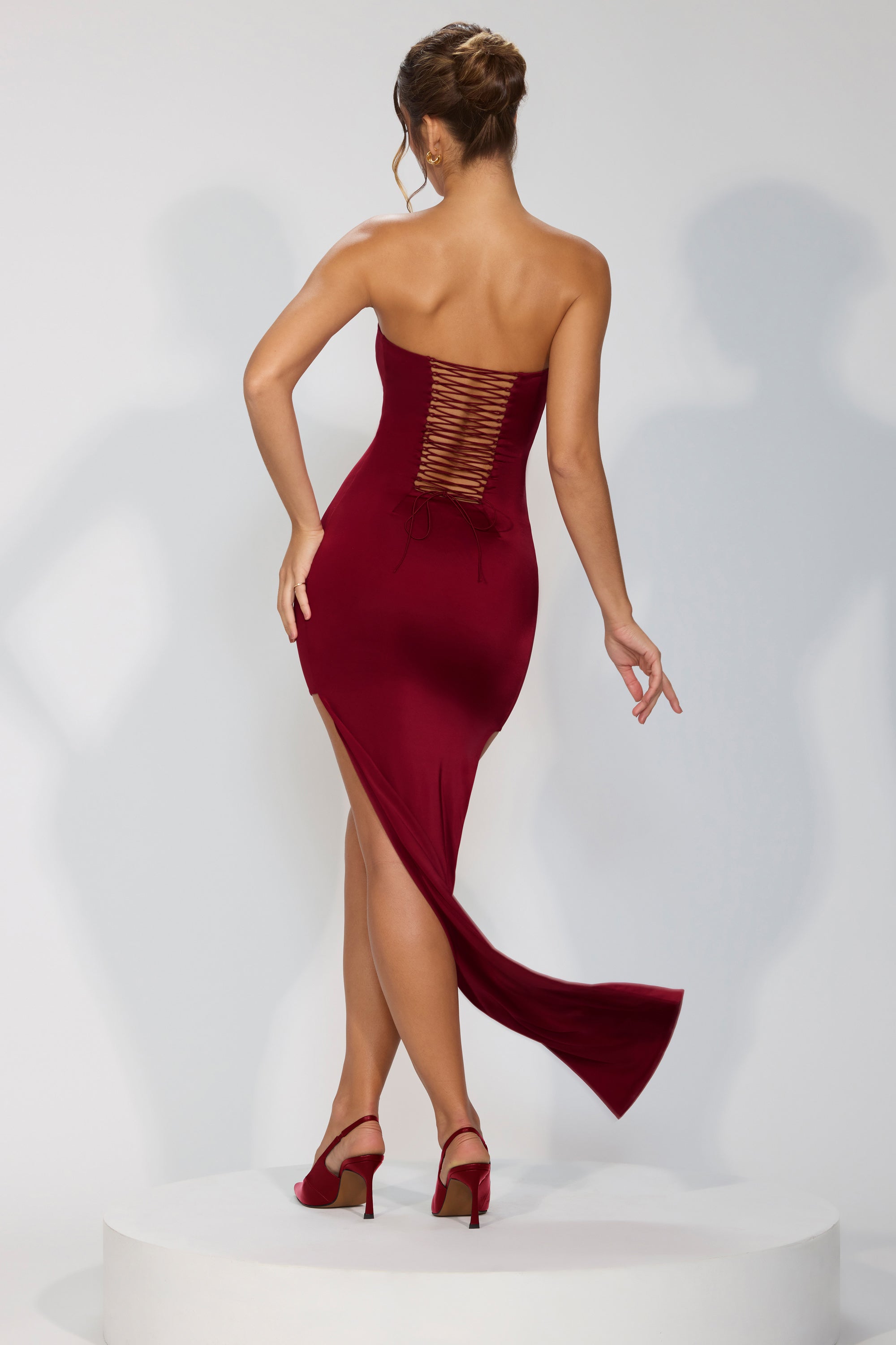 Premium Jersey Lace Up Back Mini Dress with Train in Ruby