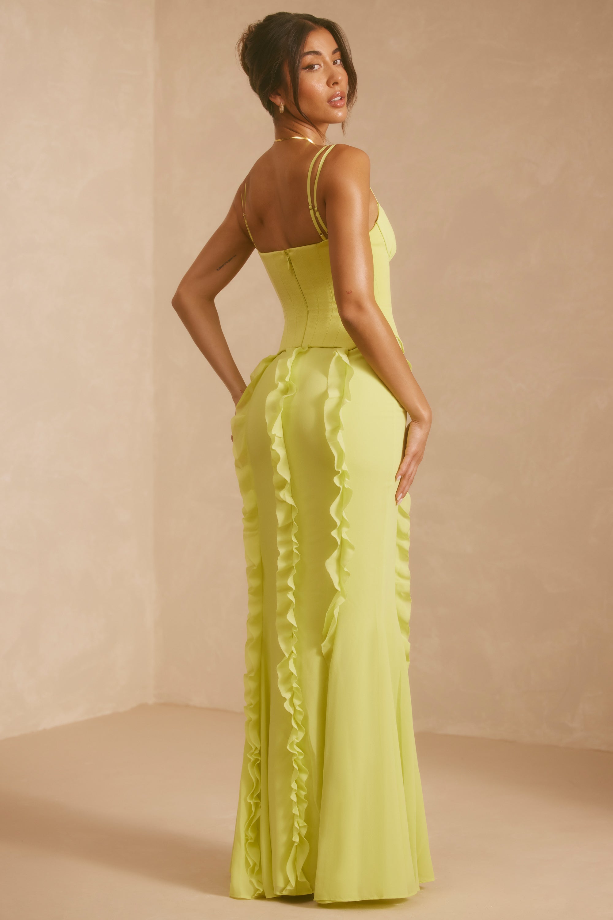 Corset Frill Skirt Maxi Dress in Lime Green