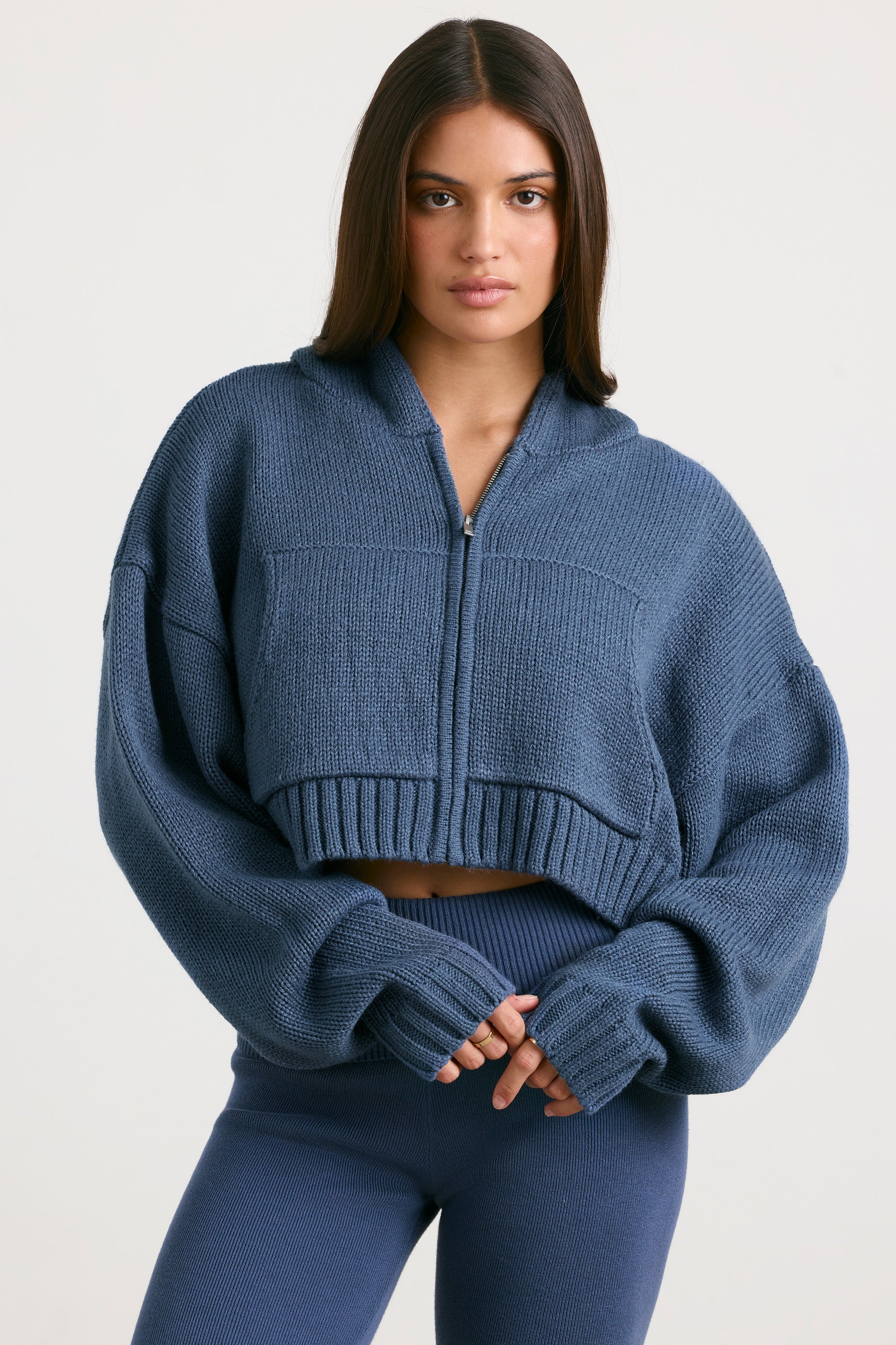 Cropped Zip Up Chunky Knit Hoodie in Washed Navy