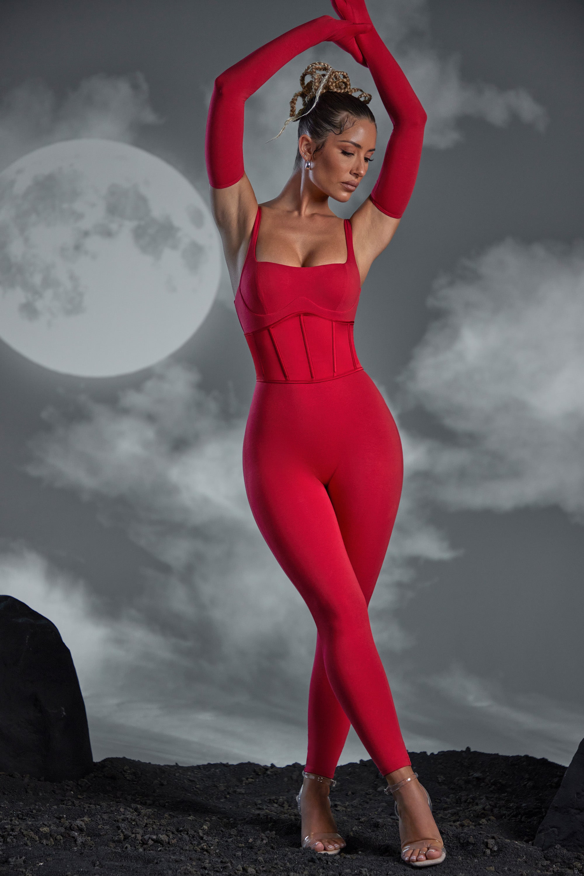 Square Neckline Jumpsuit with Gloves in Red