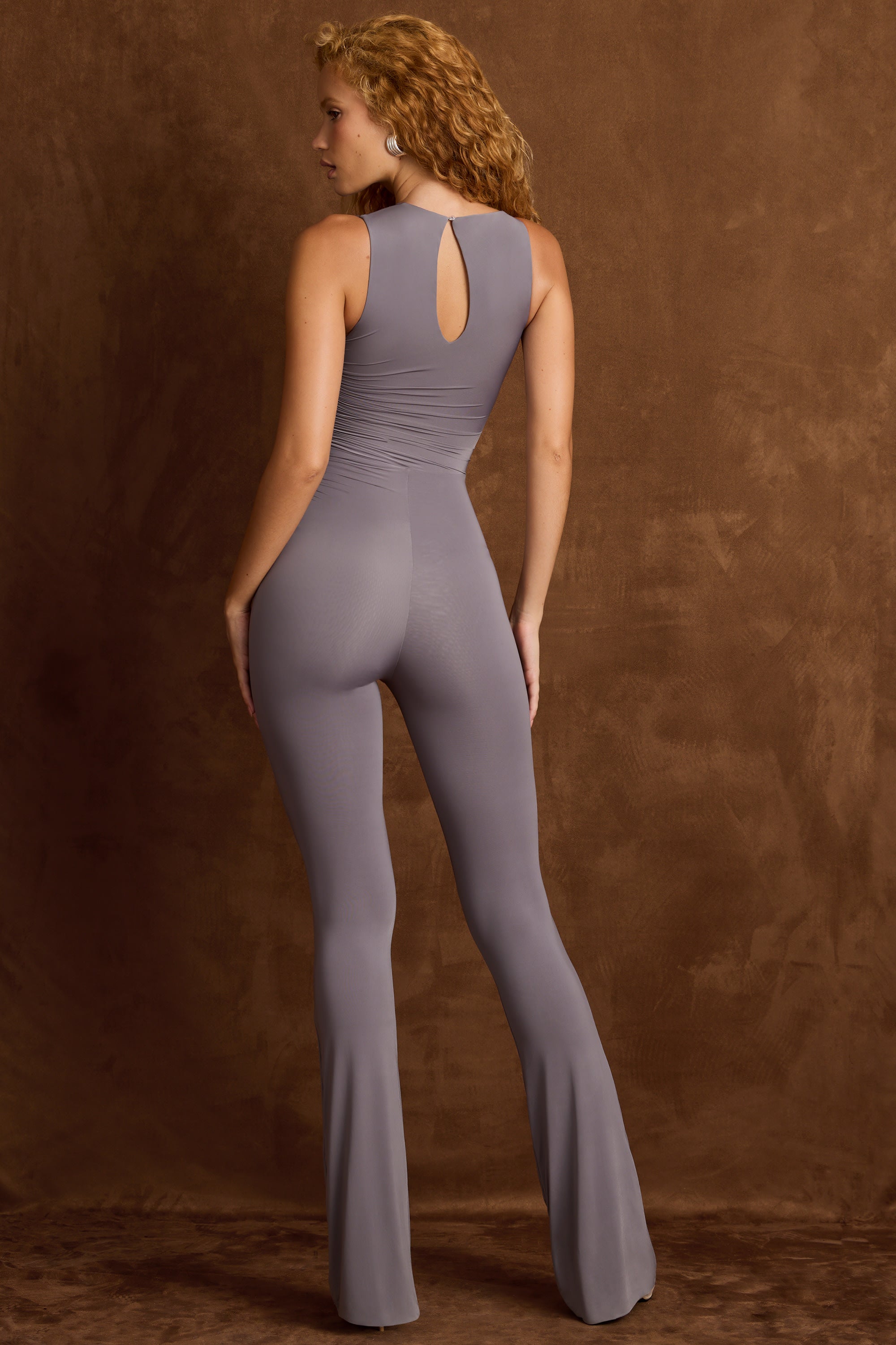 Asymmetric Ruched Flared Jumpsuit in Steel Grey