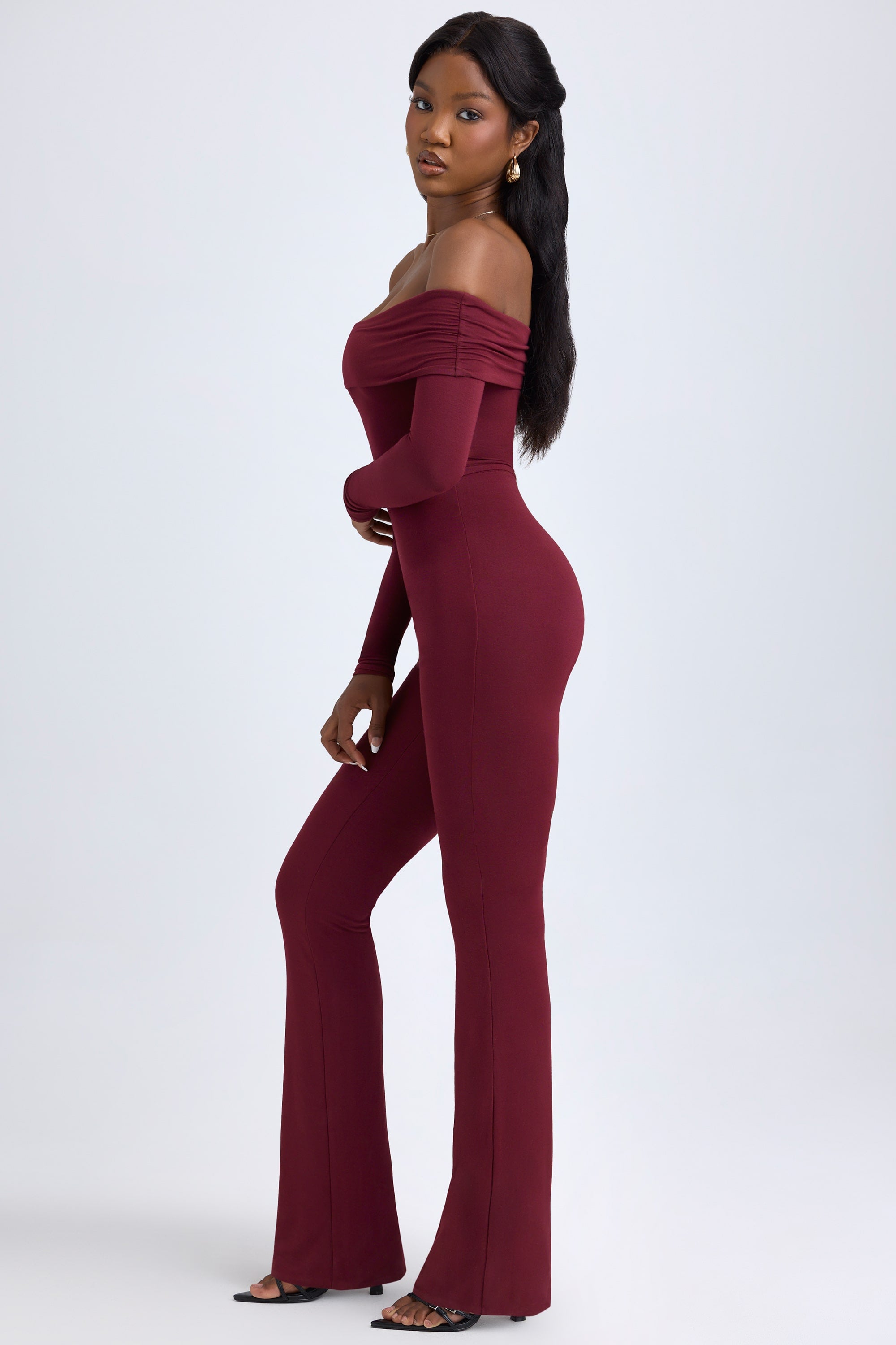 Modal Off-Shoulder Ruched Jumpsuit in Wine Red