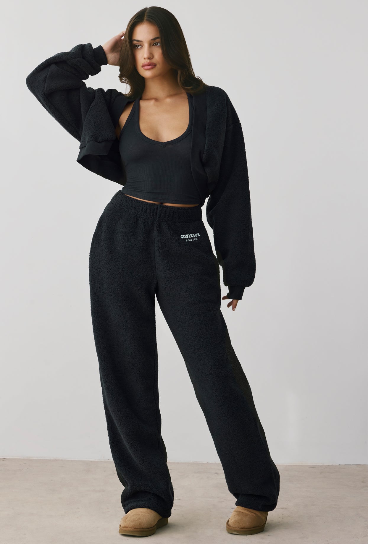 Fleece Wide Leg Joggers in Onyx