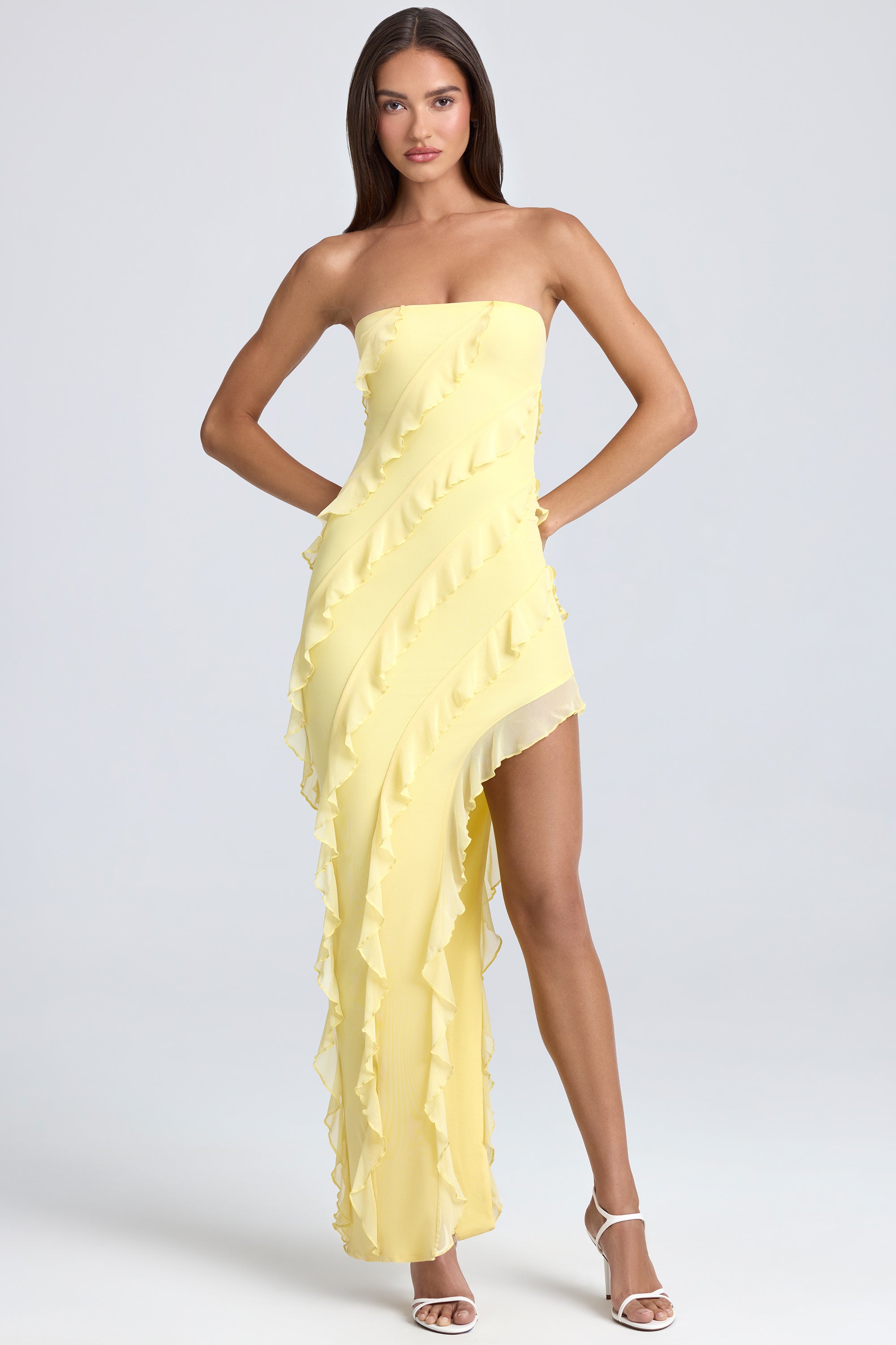 Bandeau Ruffle-Trim Maxi Dress in Lemon Sherbet