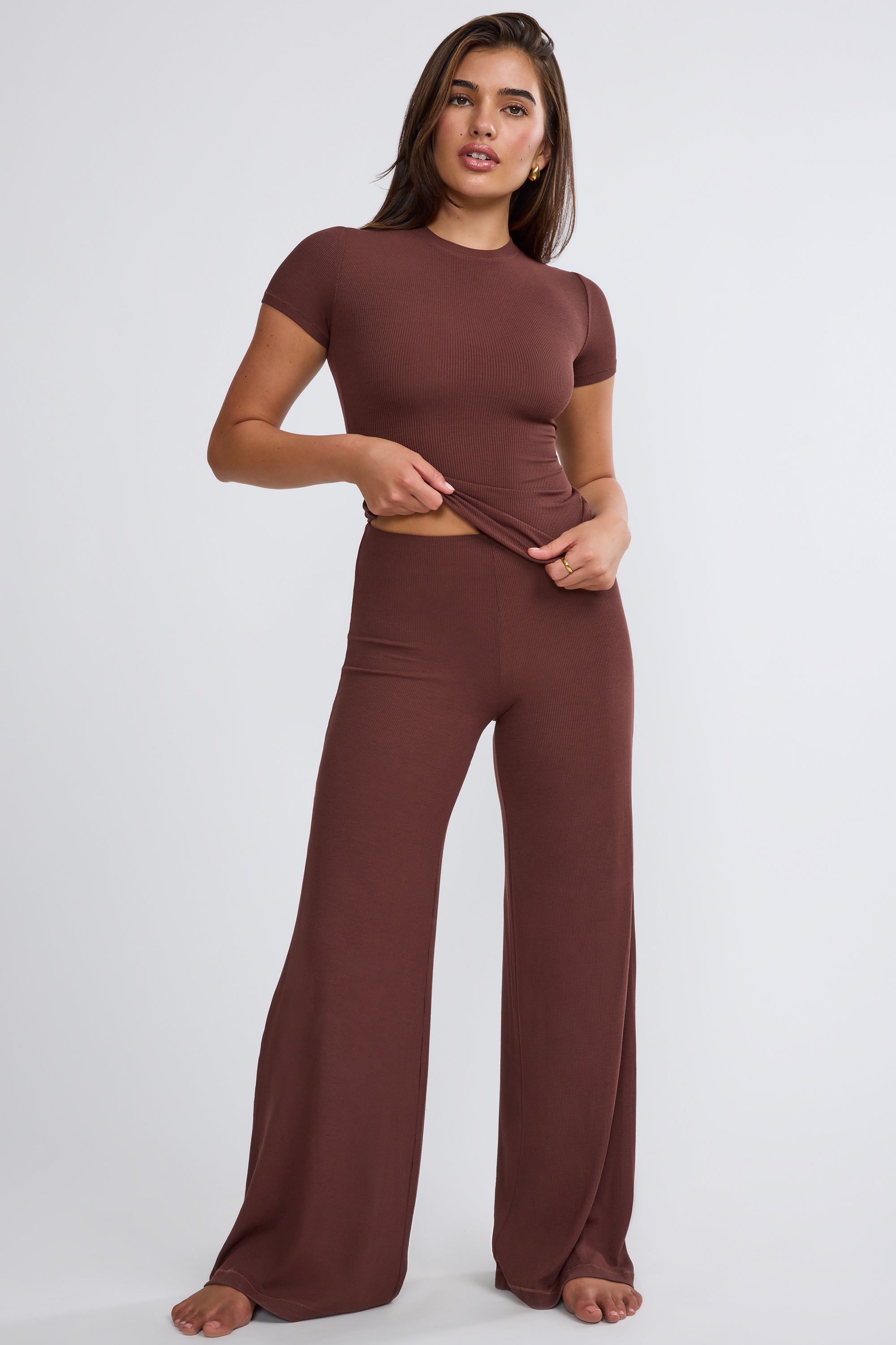 Tall Mid Rise Wide Leg Trouser in Chocolate