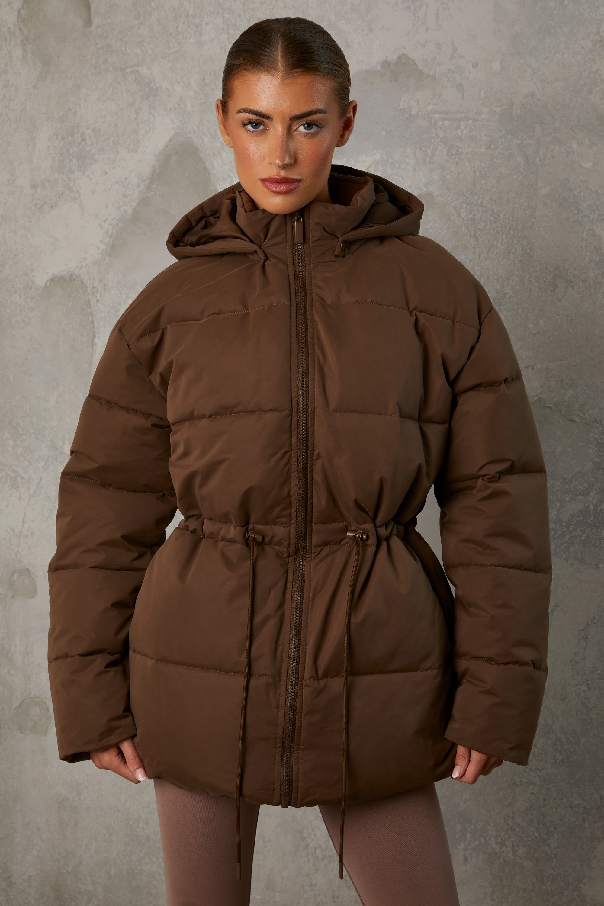 Mid Length Hooded Puffer Coat in Cocoa Brown