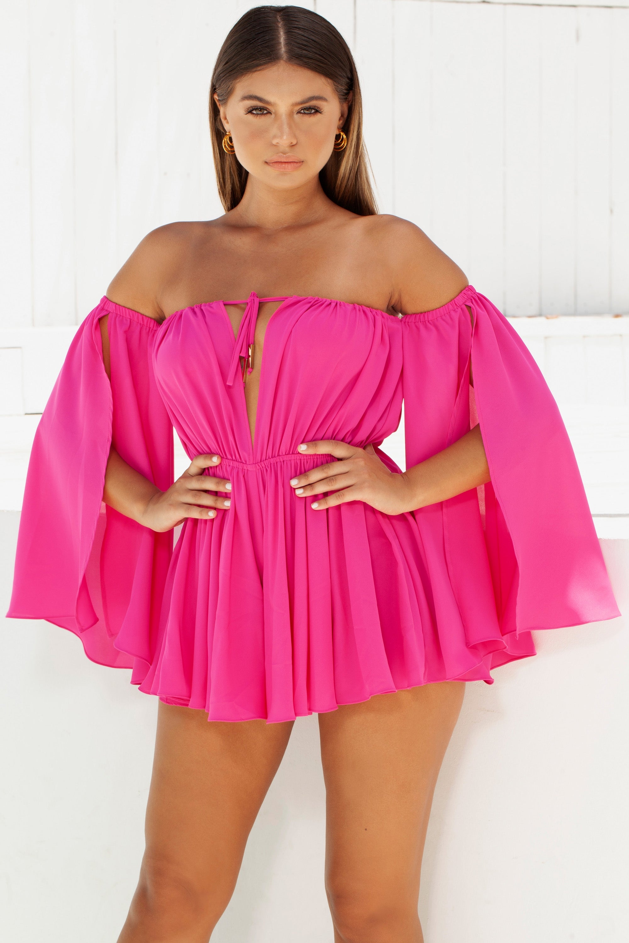 Pleat Wave Relaxed Fit Bardot Off The Shoulder Playsuit in Pink