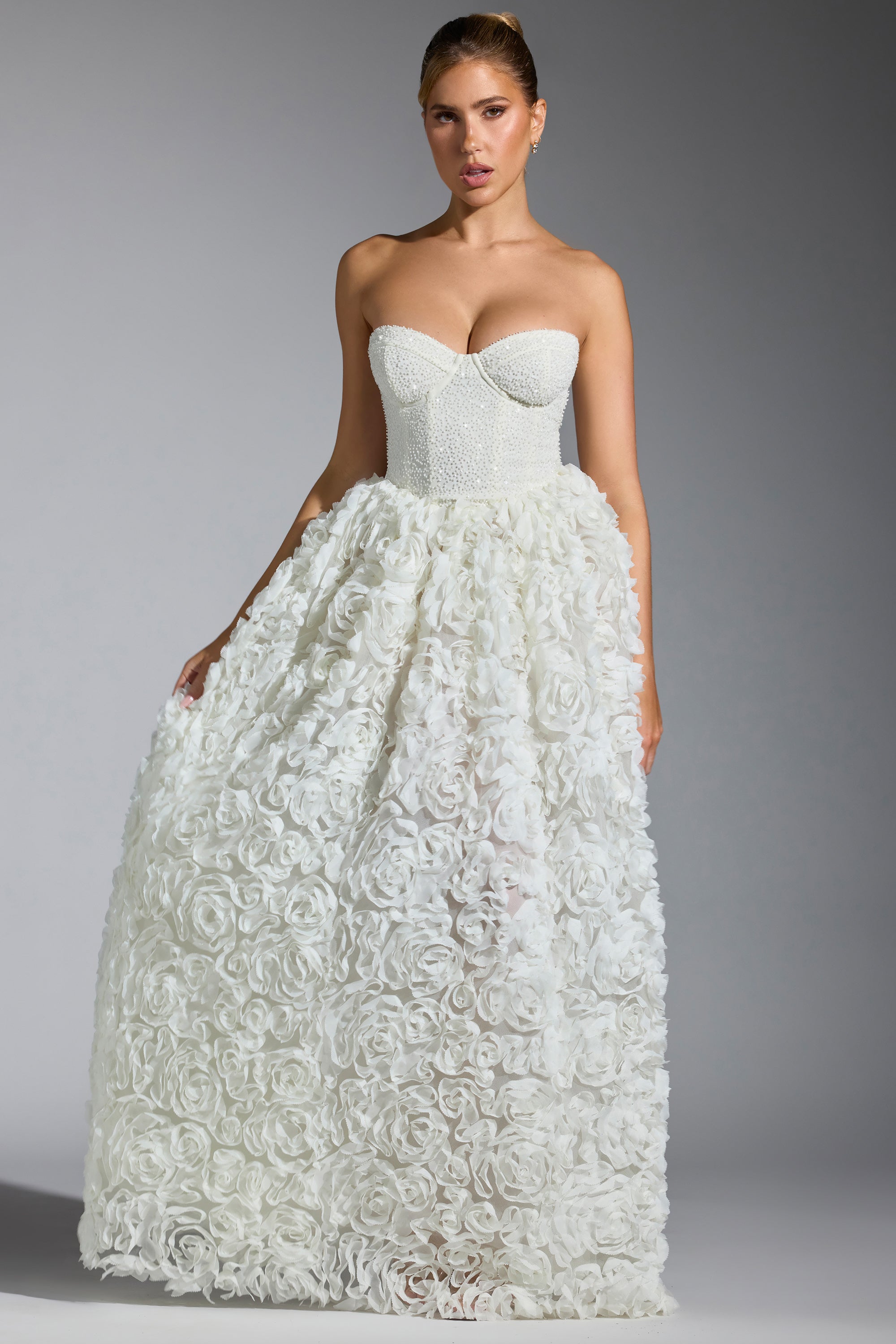 Embellished Floral-Appliqué Corset Gown in White