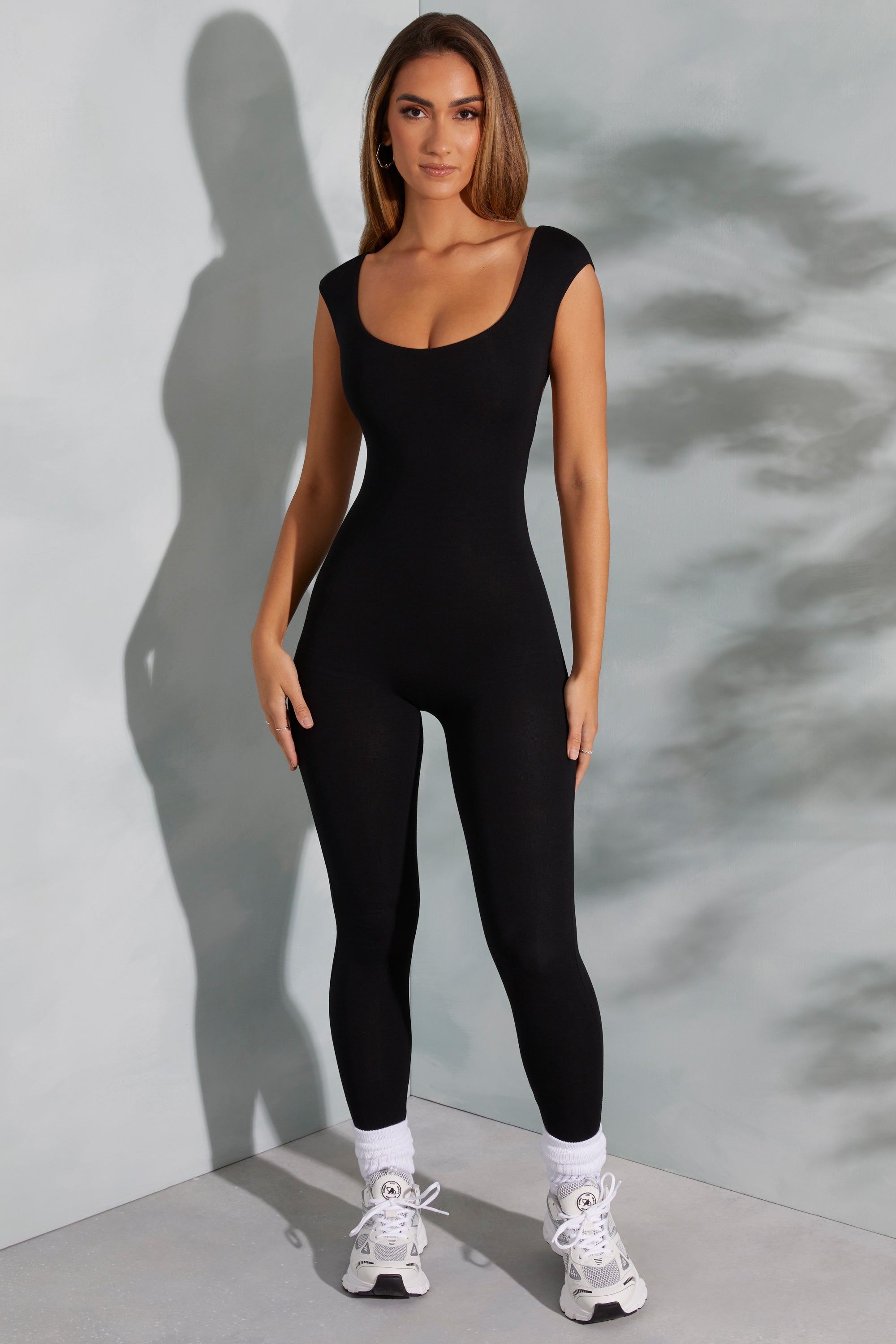 Petite Open Back Scoop Neck Jumpsuit in Black