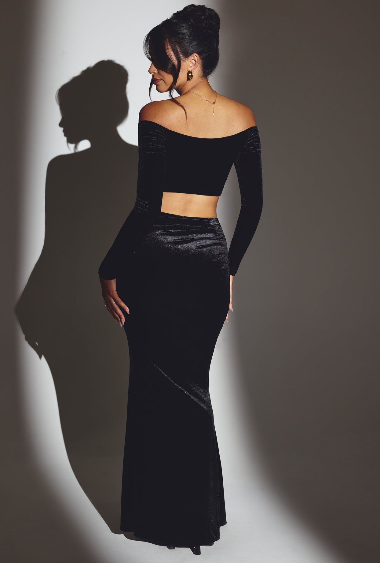 Velvet Off The Shoulder Ruched Crop Top in Jet Black