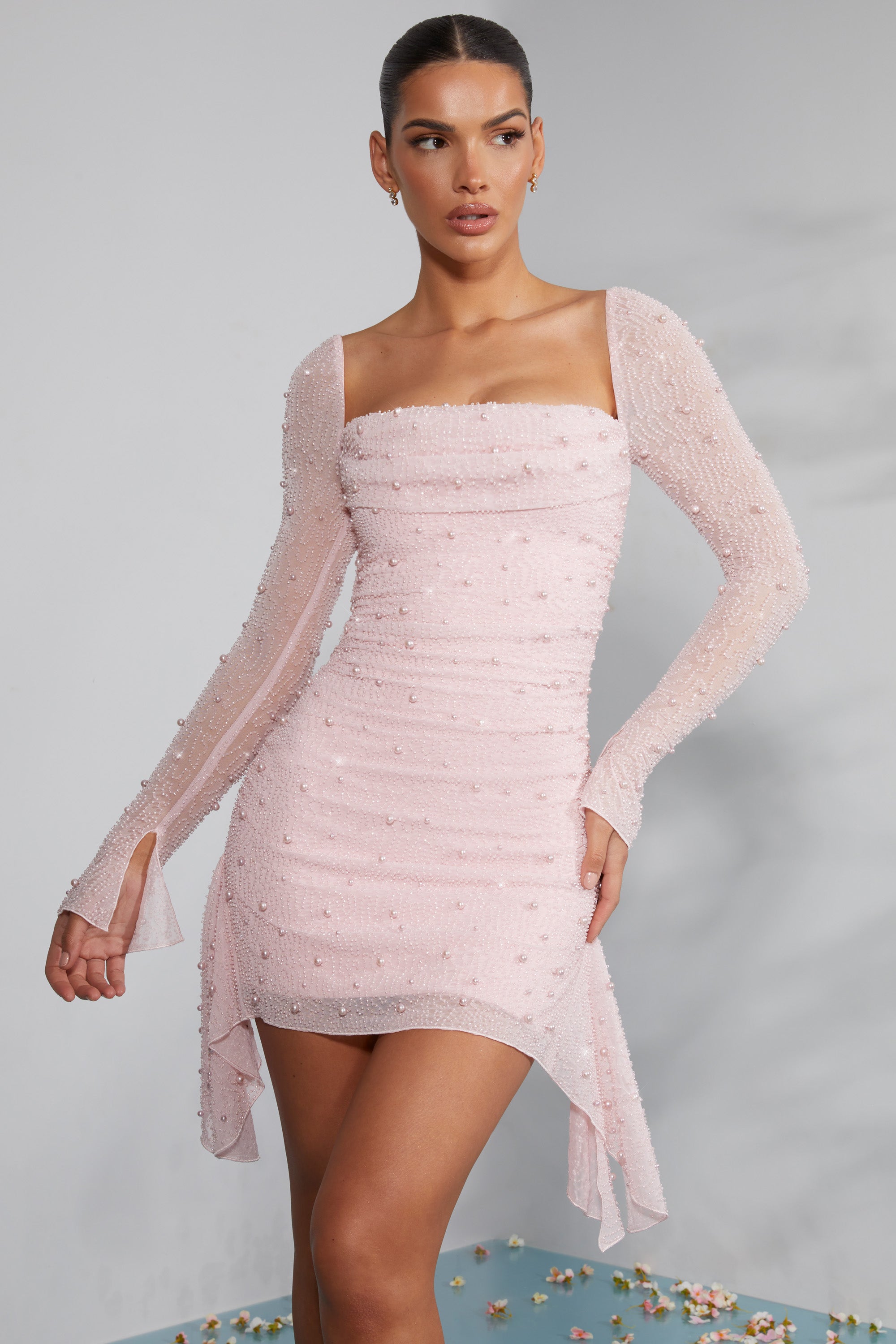 Long Sleeve Embellished Cowl Neck Mini Dress in Blush