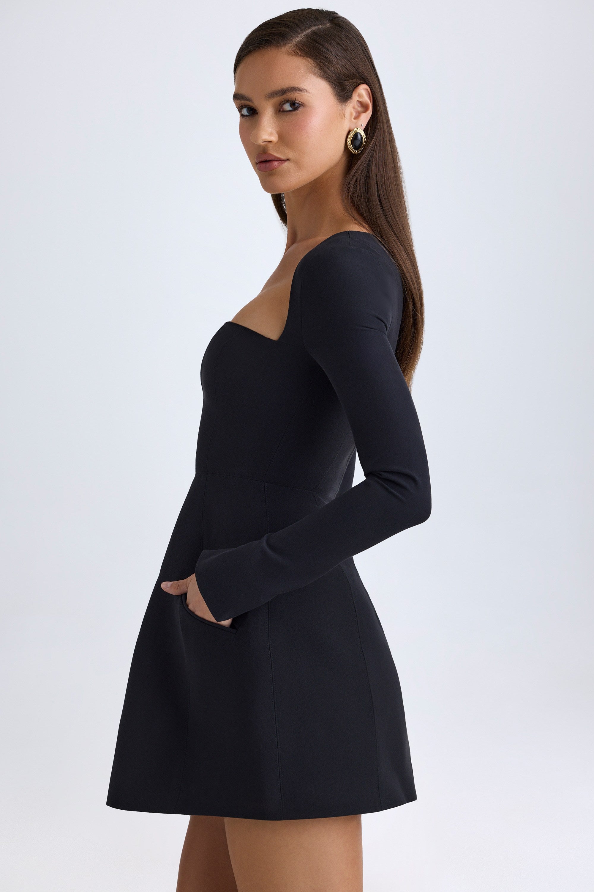 Square-Neck Structured Tulip Mini Dress in Black