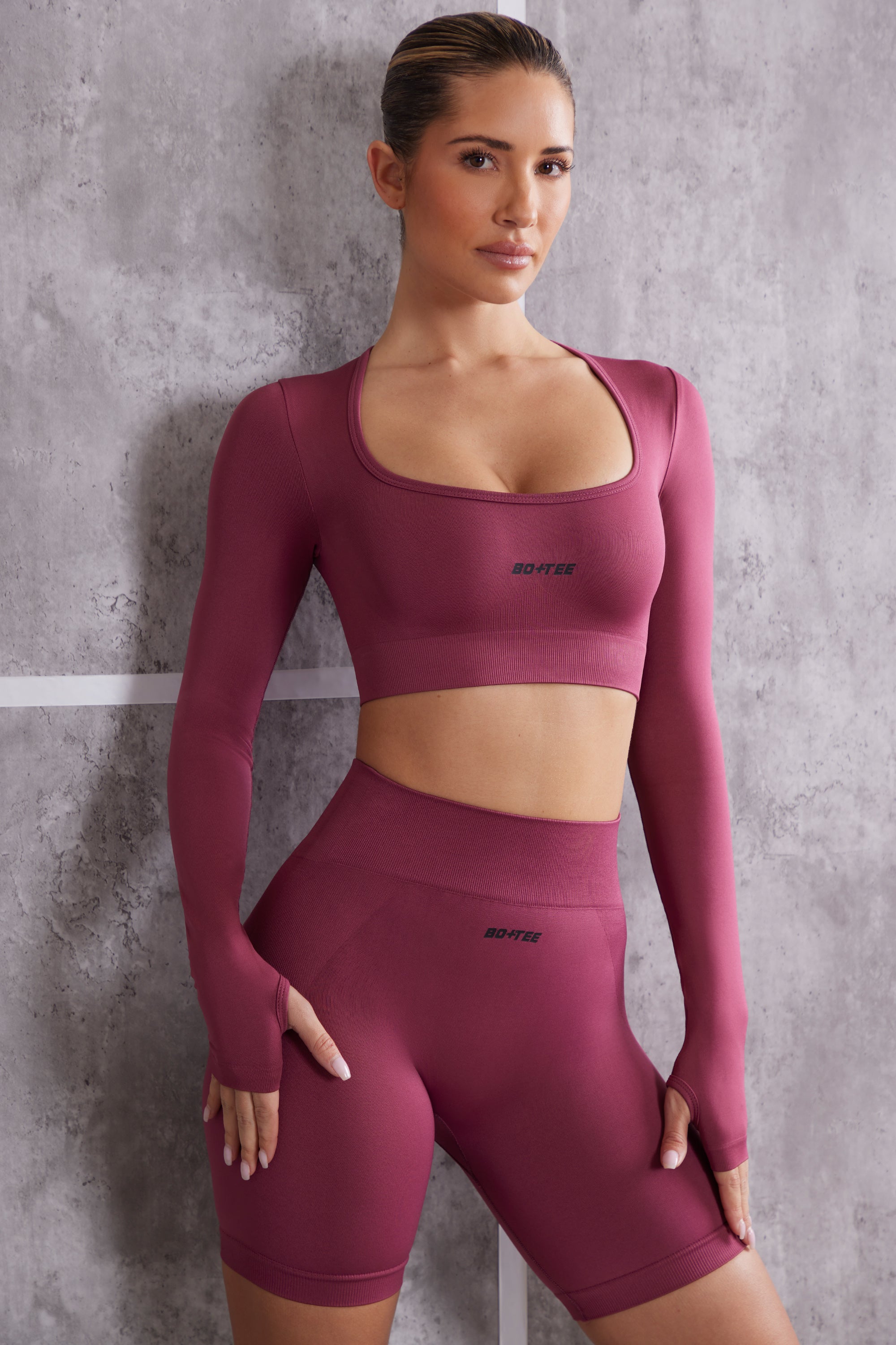 Long Sleeve Crop Top in Dark Rose