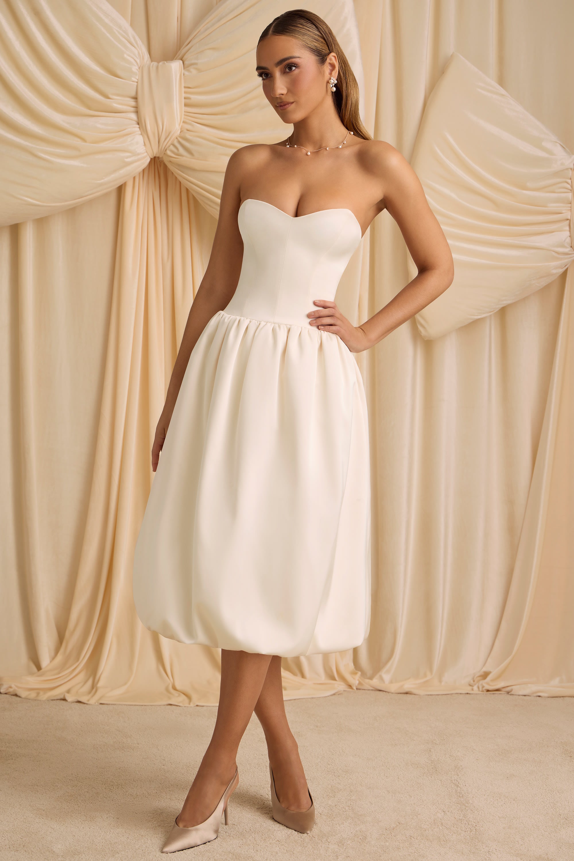 Convertible Bow-Detail Bubble Hem Midaxi Dress in Ivory