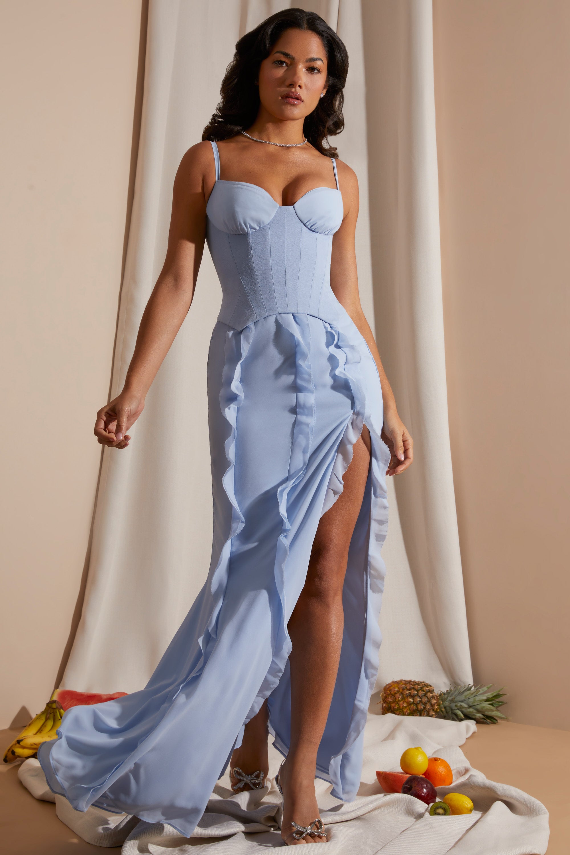 Corset Frill Skirt Maxi Dress in Blue