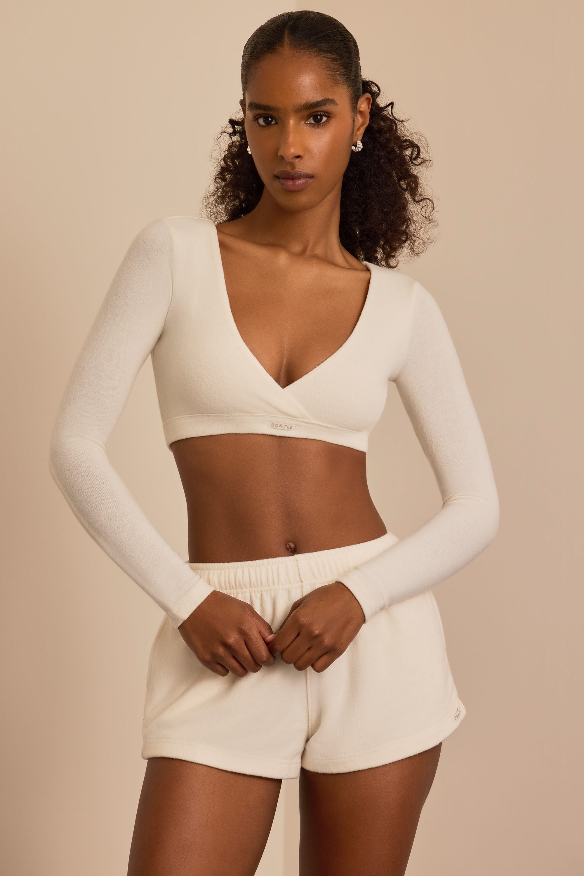 Brushed Jersey Wrap Crop Top in Ecru