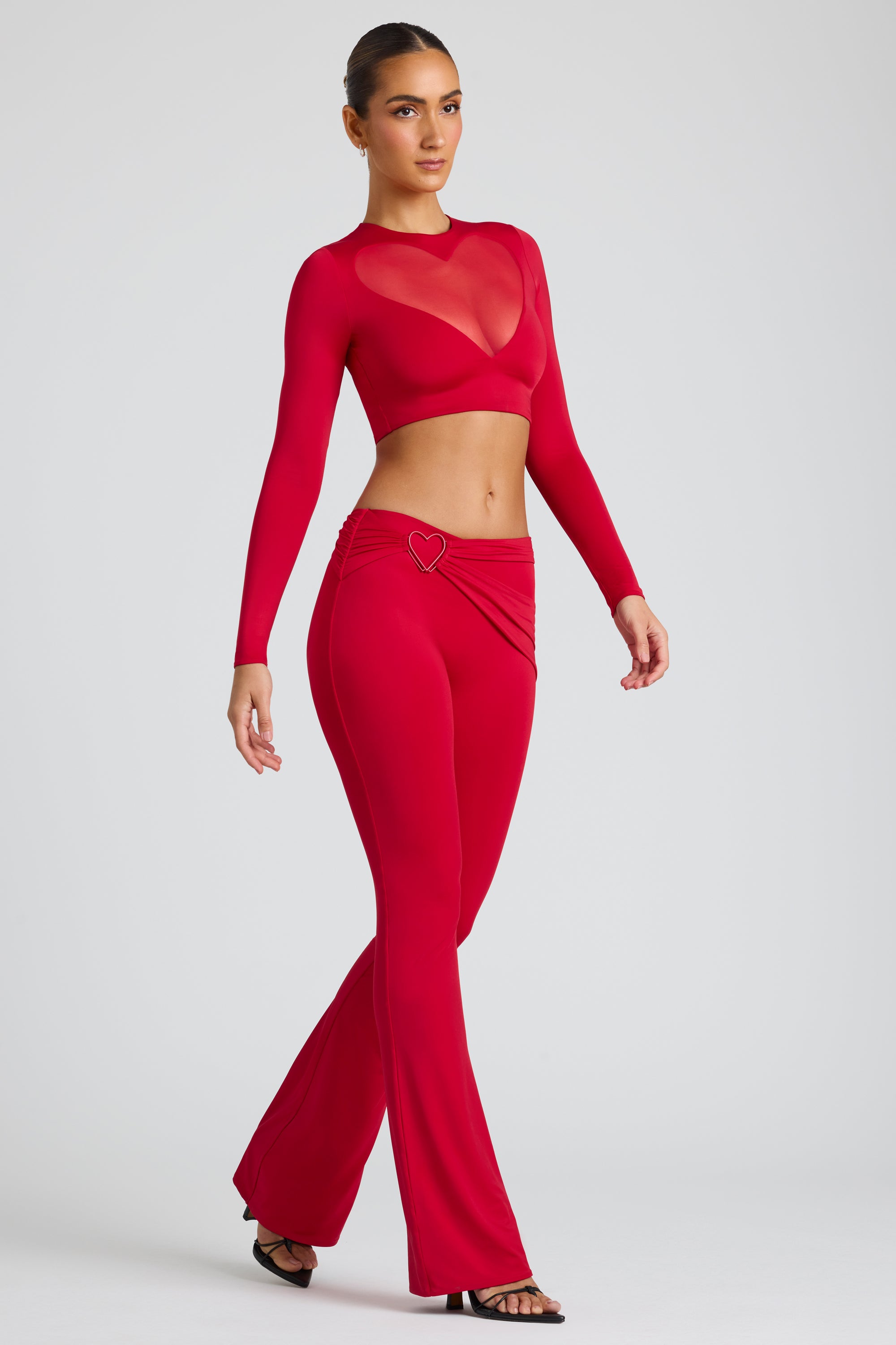 Petite Draped Detail Straight Leg Trousers in Fire Red