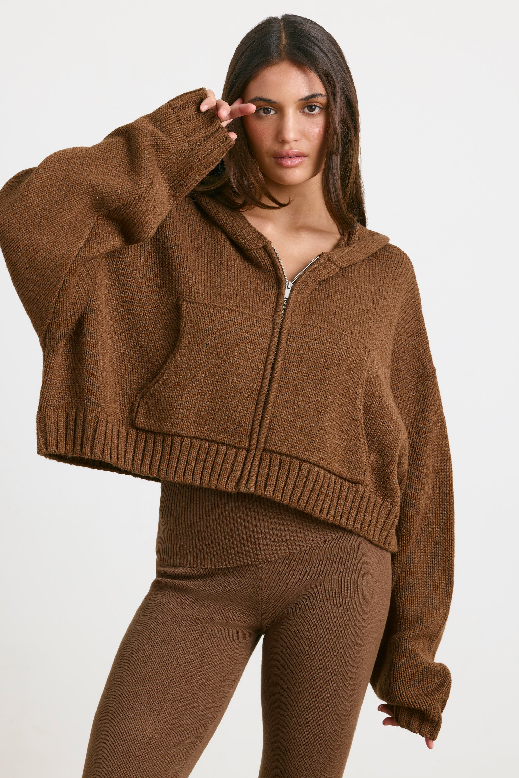 Cropped Zip Up Chunky Knit Hoodie in Espresso