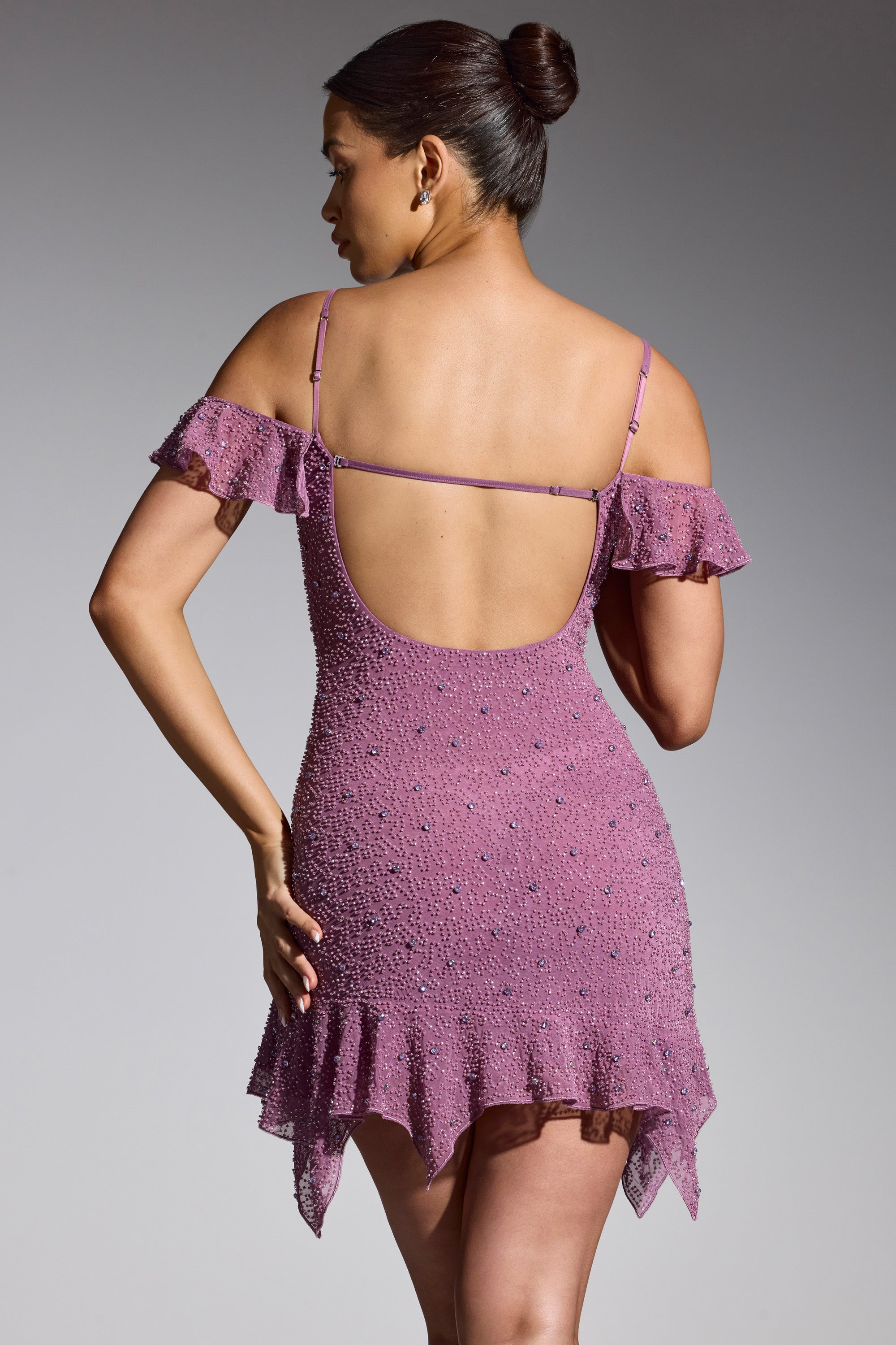 Embellished Cold Shoulder Mini Dress in Grape