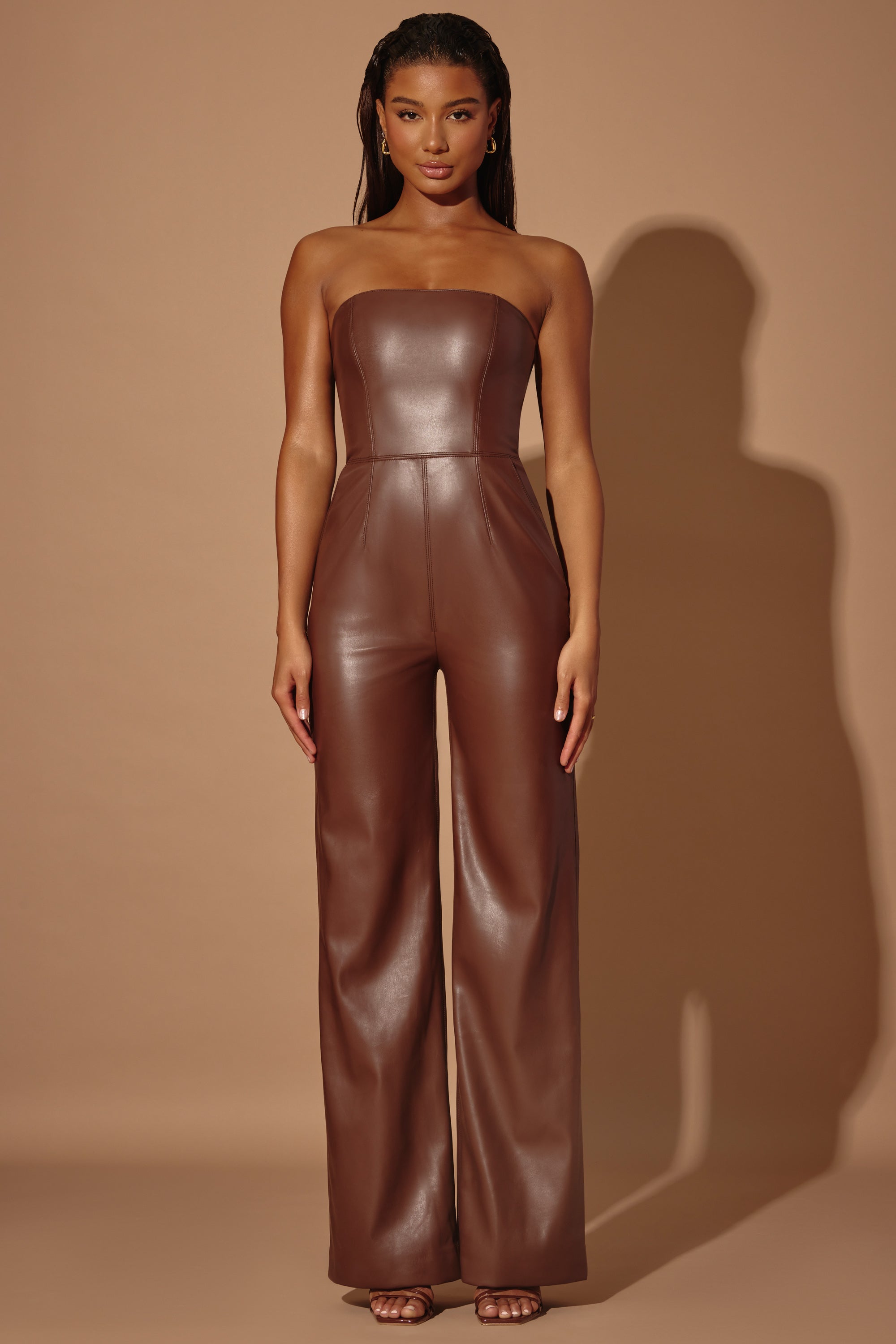 Petite Strapless Wide Leg Vegan Leather Jumpsuit in Brown