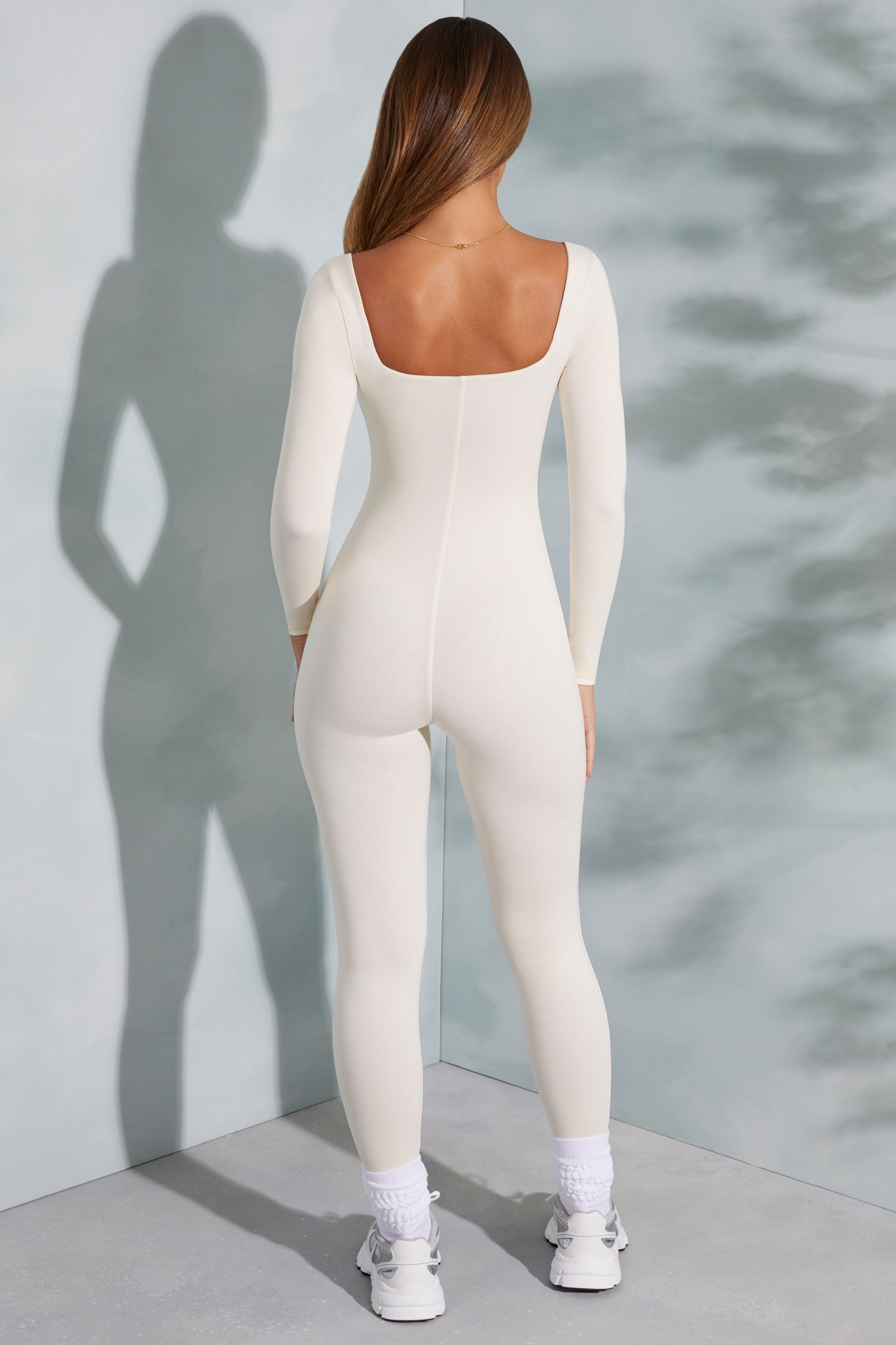 Petite Square Neck Long Sleeve Jumpsuit in Ivory