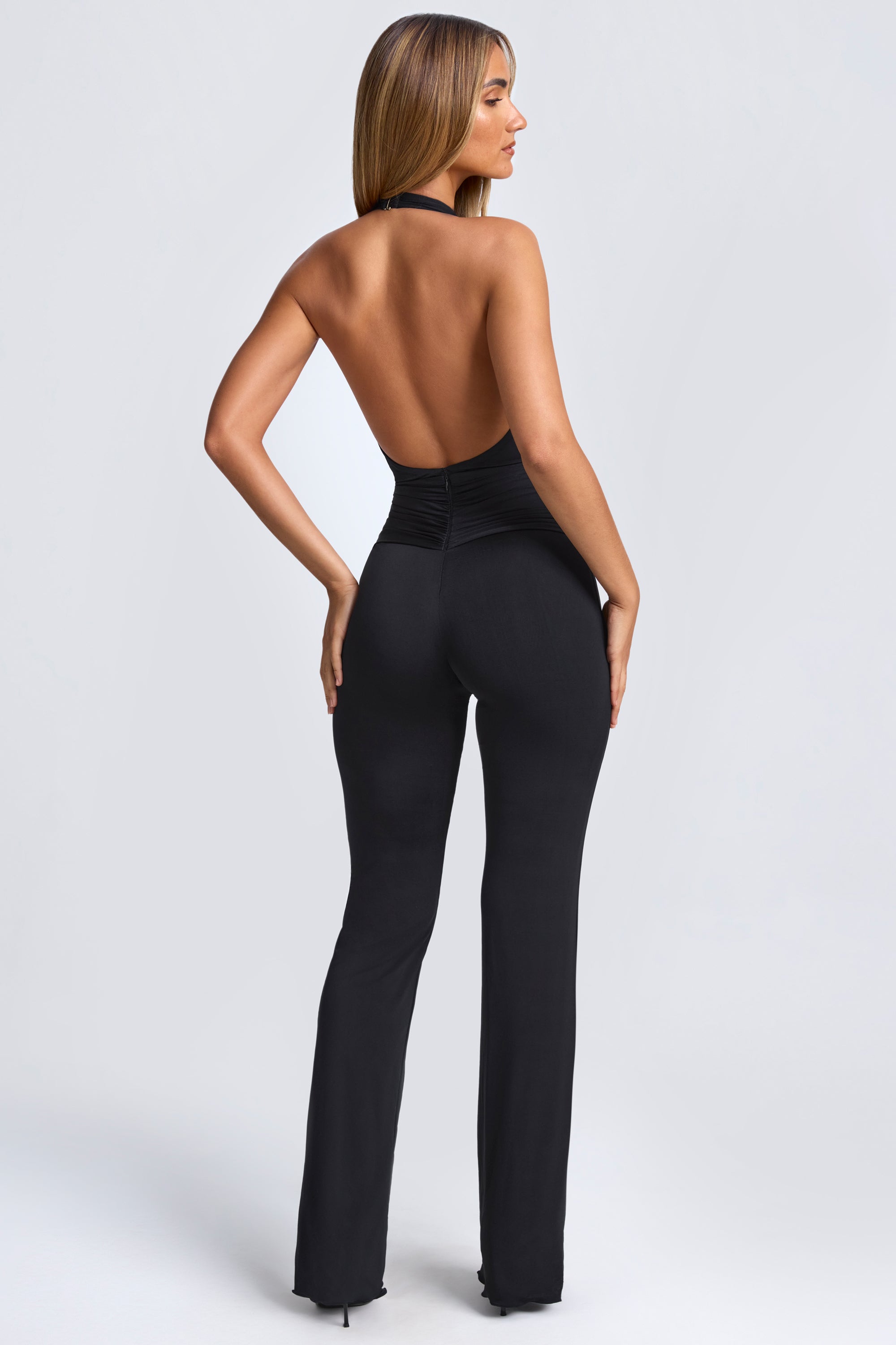 Hardware Detail Plunge Halterneck Jumpsuit in Black