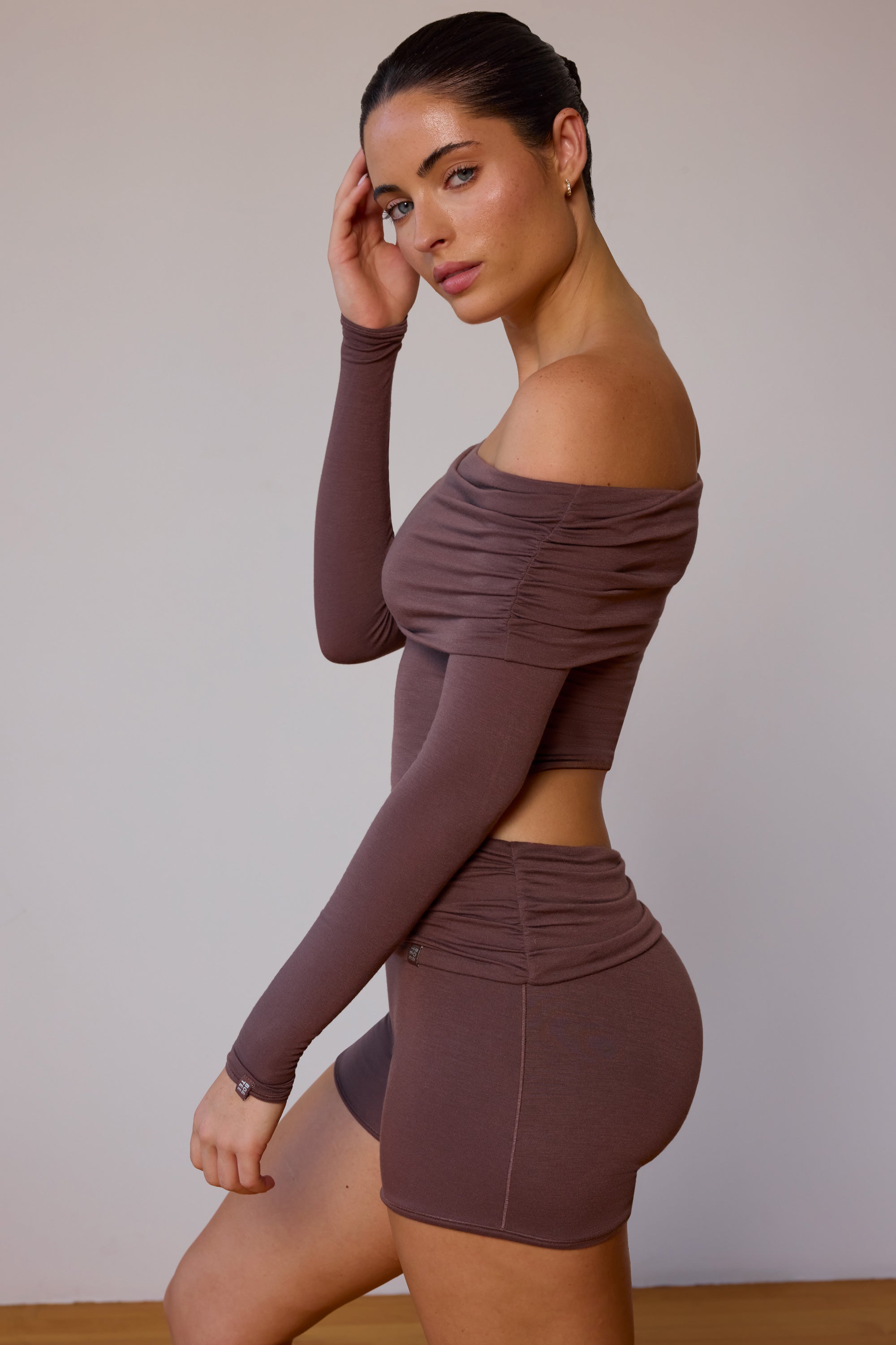 Sheer Off-Shoulder Long-Sleeve Top in Taupe Brown