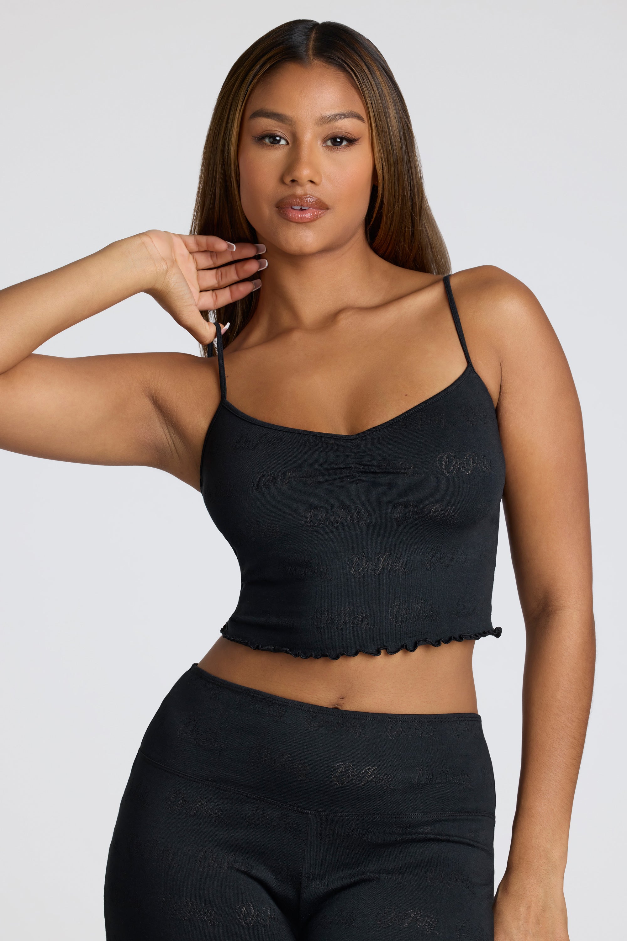 Strappy Ruched Pointelle Crop Top in Black