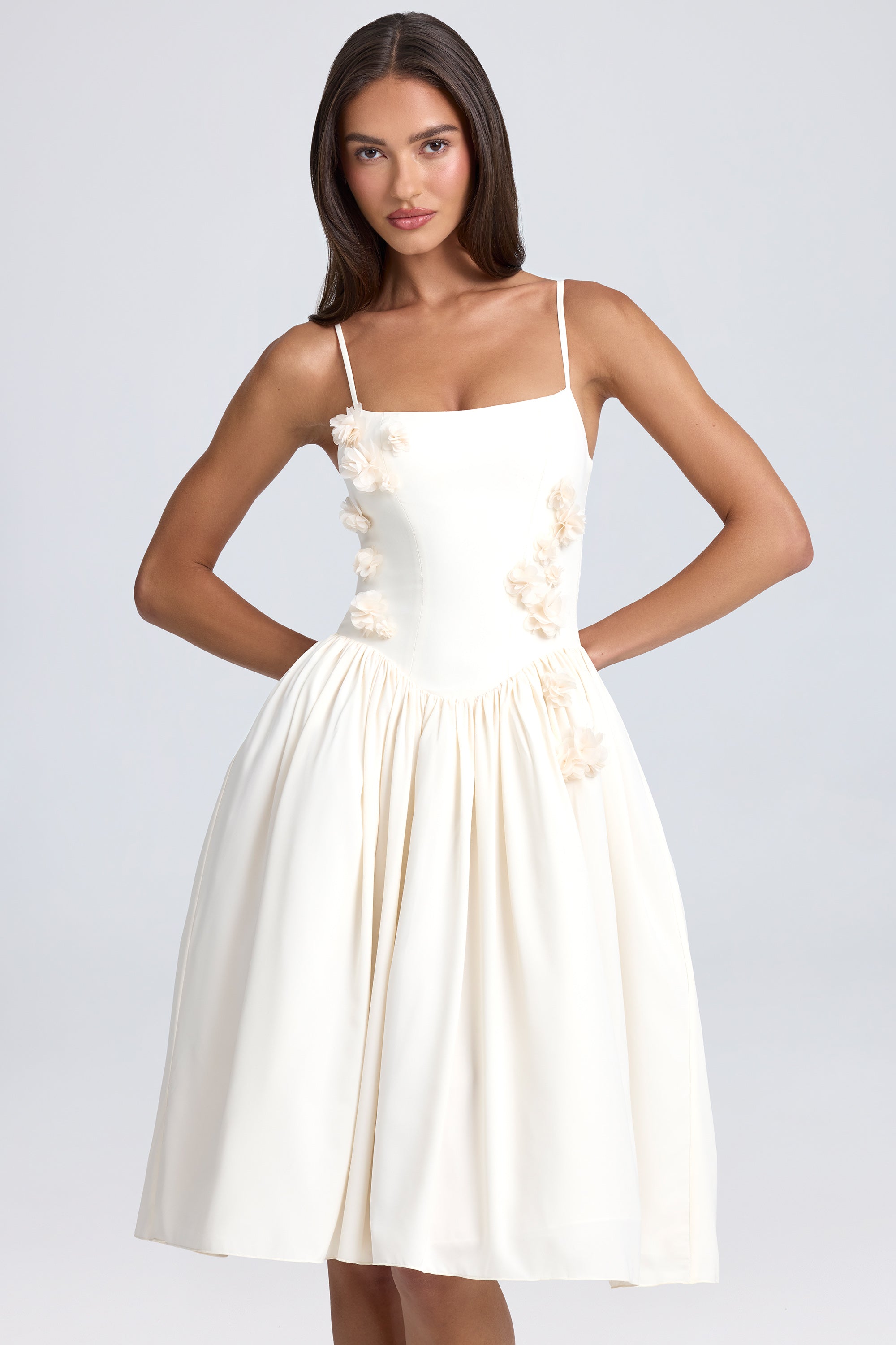 Floral-Appliqué Midi Dress in Ivory