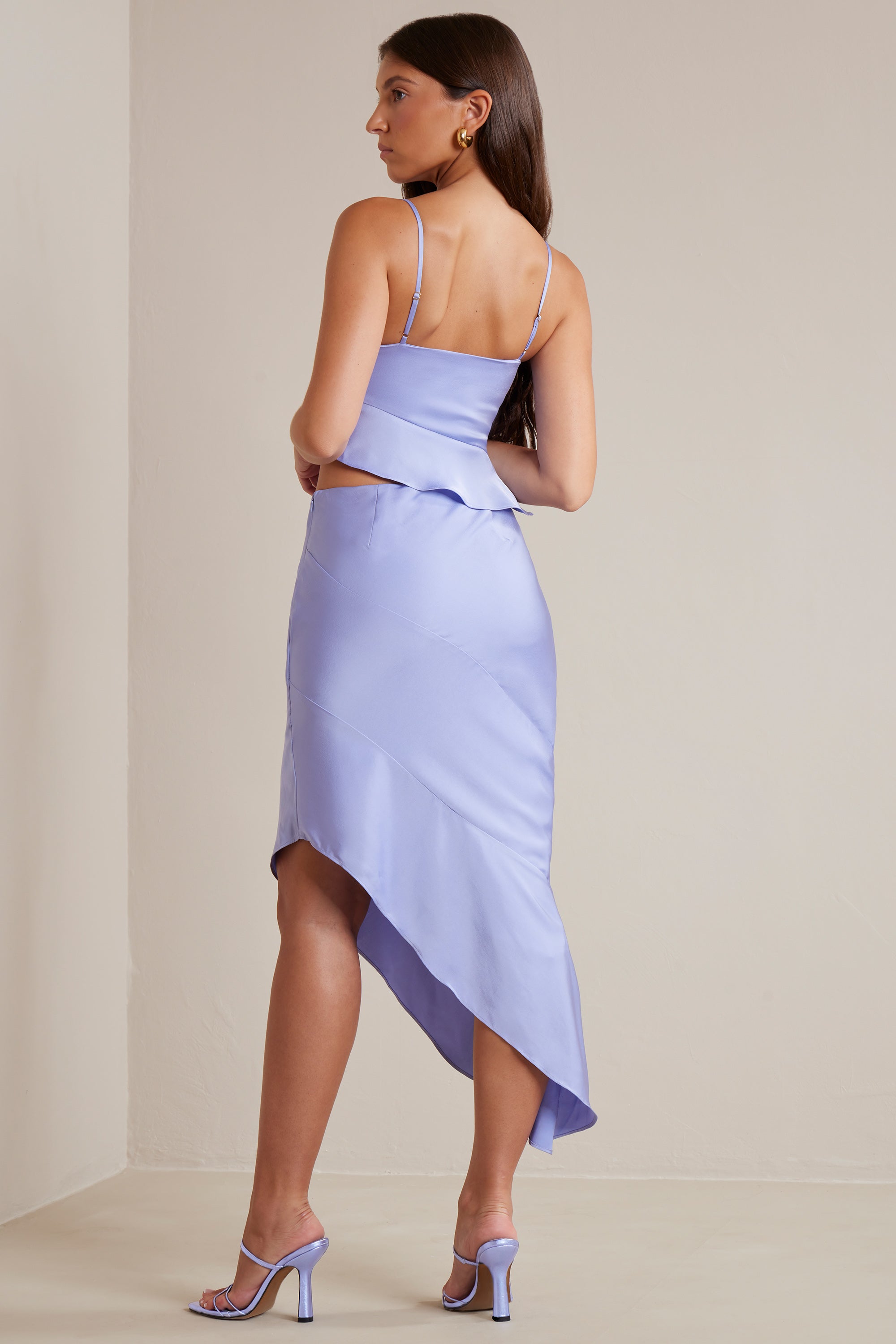 Bias Cut Satin Cowl Neck Crop Top in Periwinkle