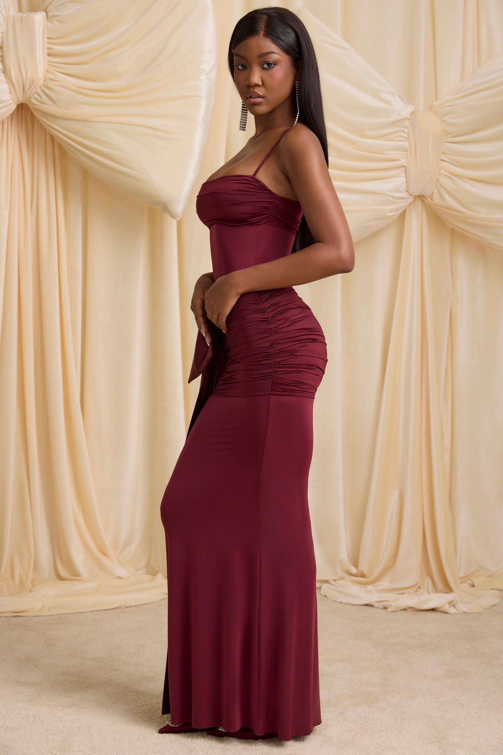 Bow-Detail Ruched Maxi Dress in Wine Red