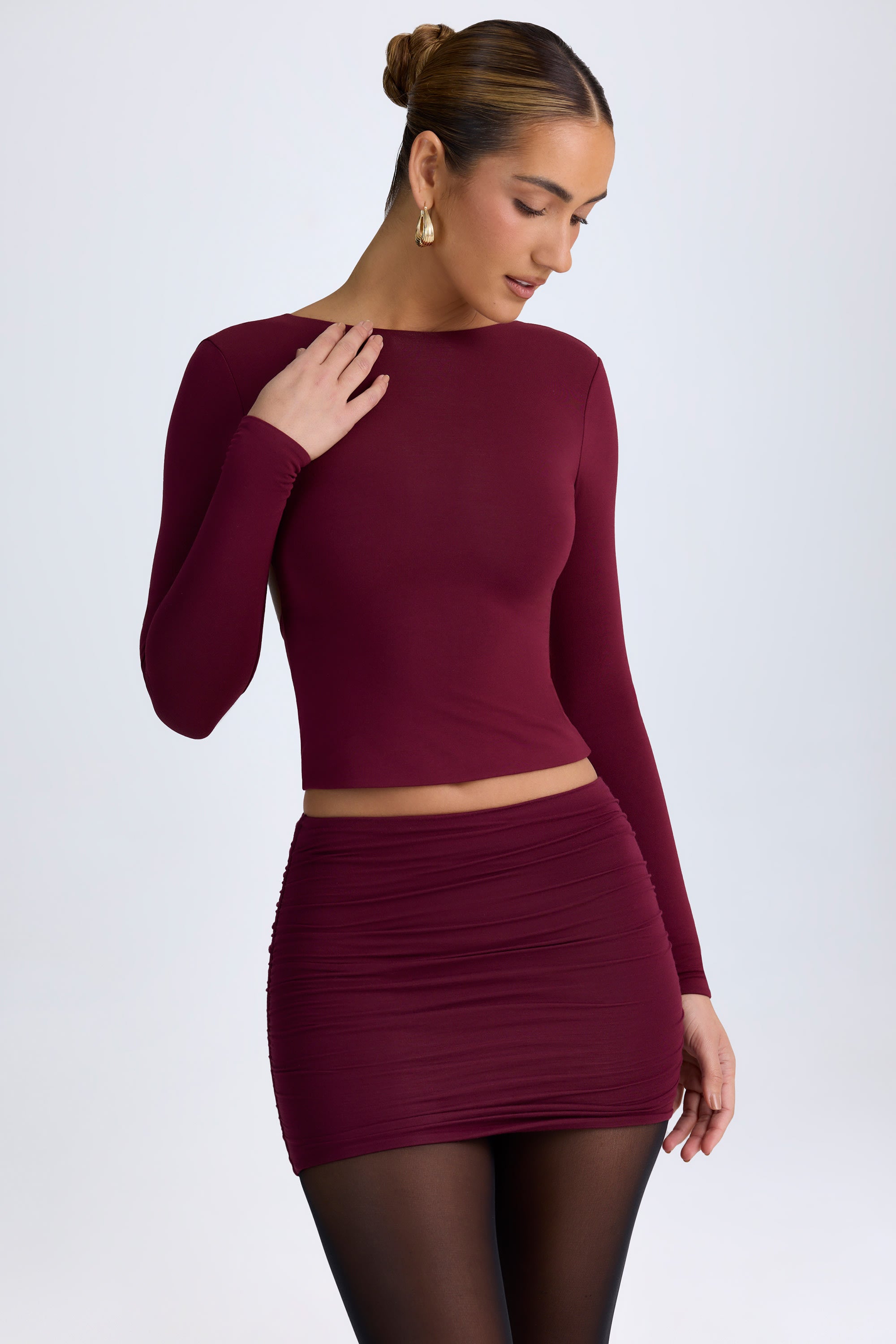 Modal Ruched Mid-Rise Mini Skirt in Wine Red