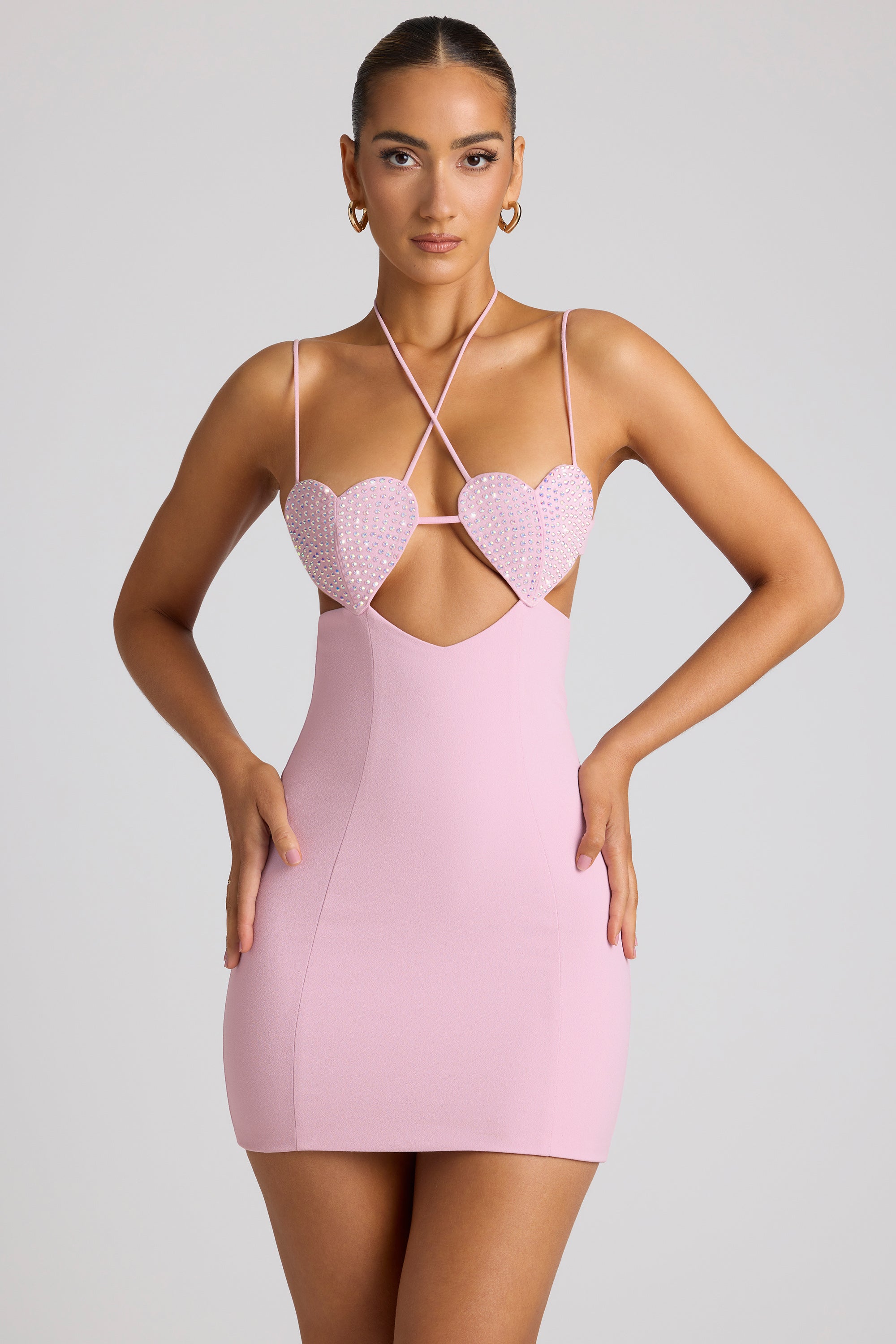 Embellished Heart Cup Detail Mini Dress in Soft Pink