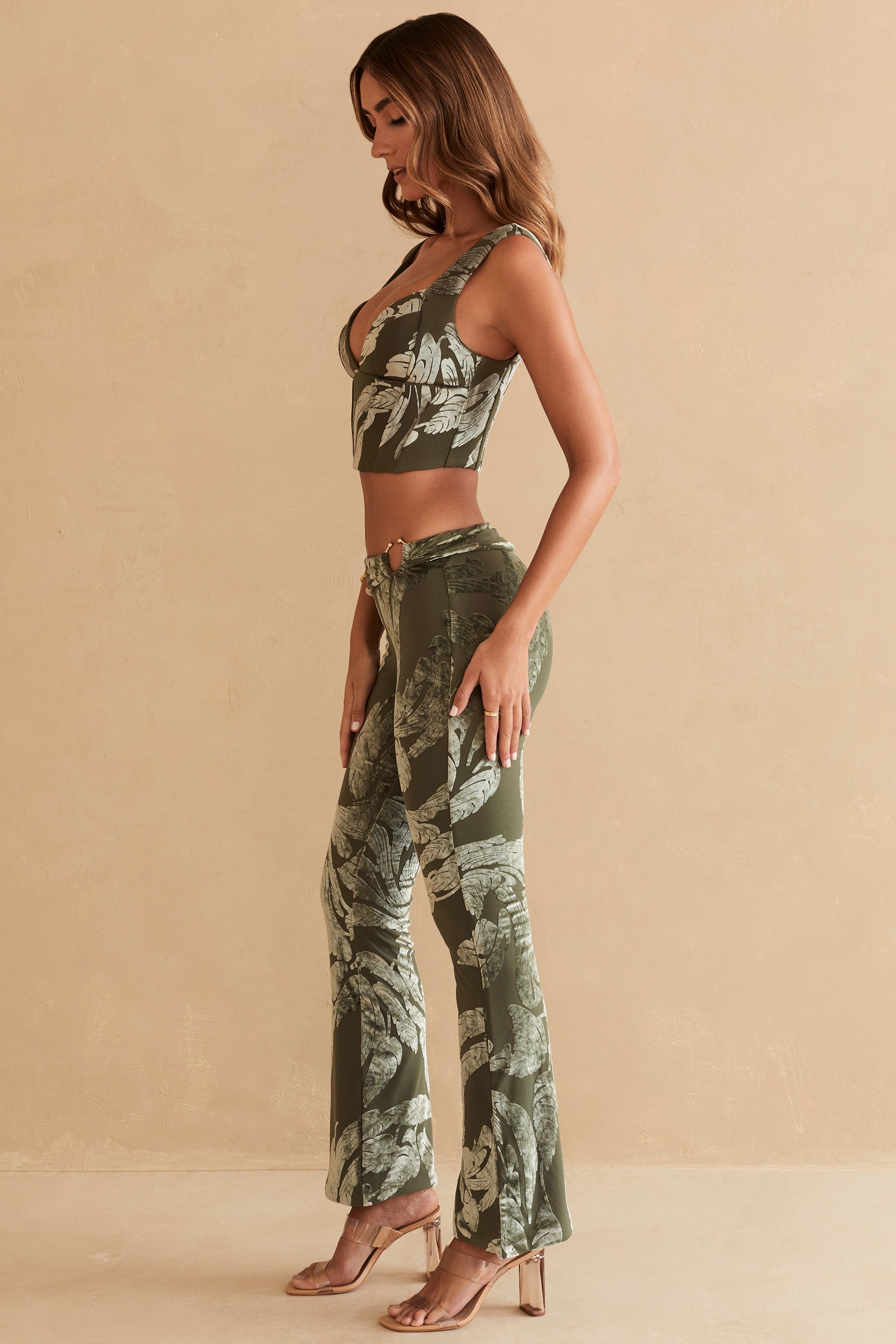 Ring Detail Bootleg Trousers in Olive Print