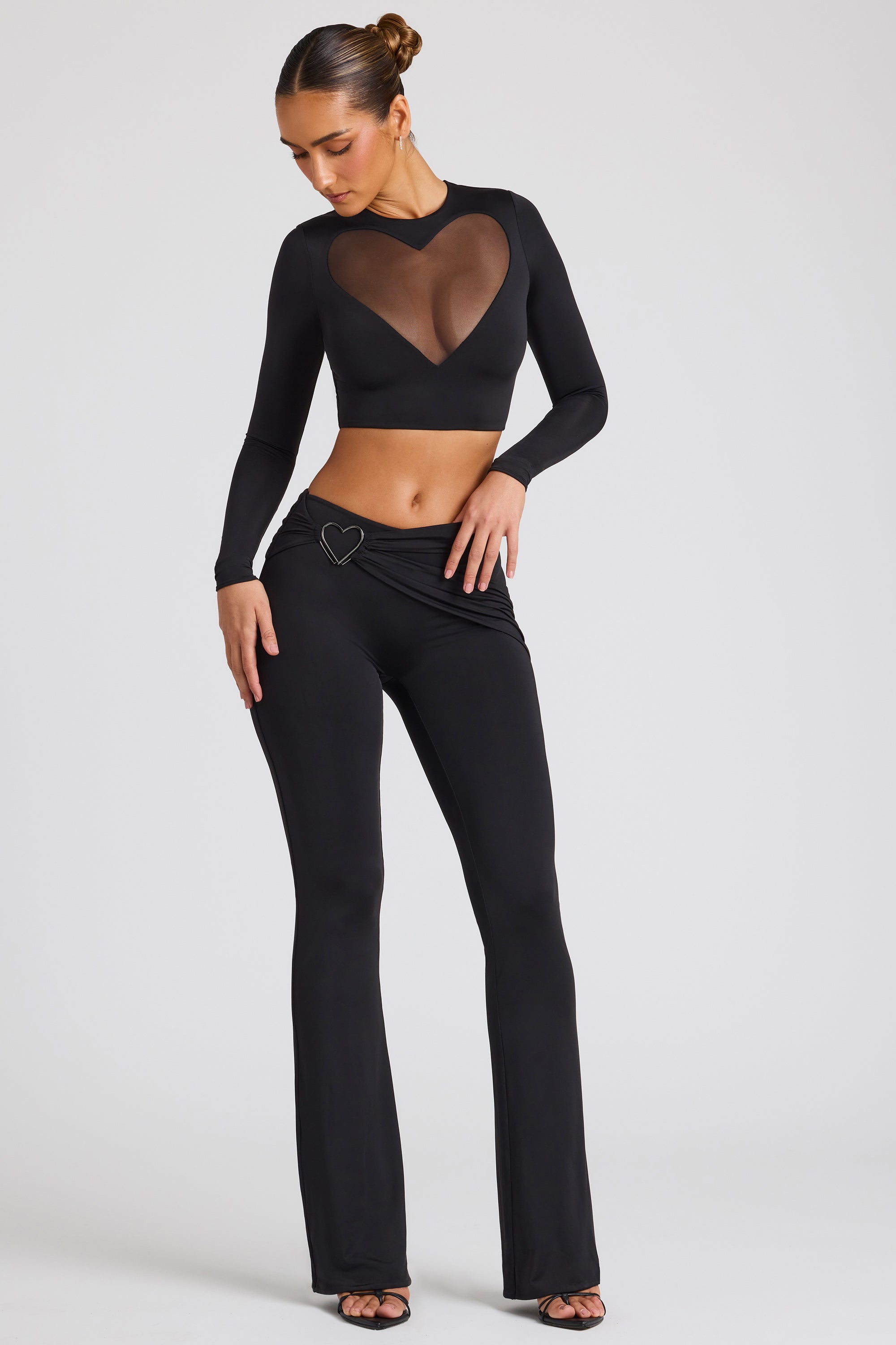 Petite Draped Detail Straight Leg Trousers in Black