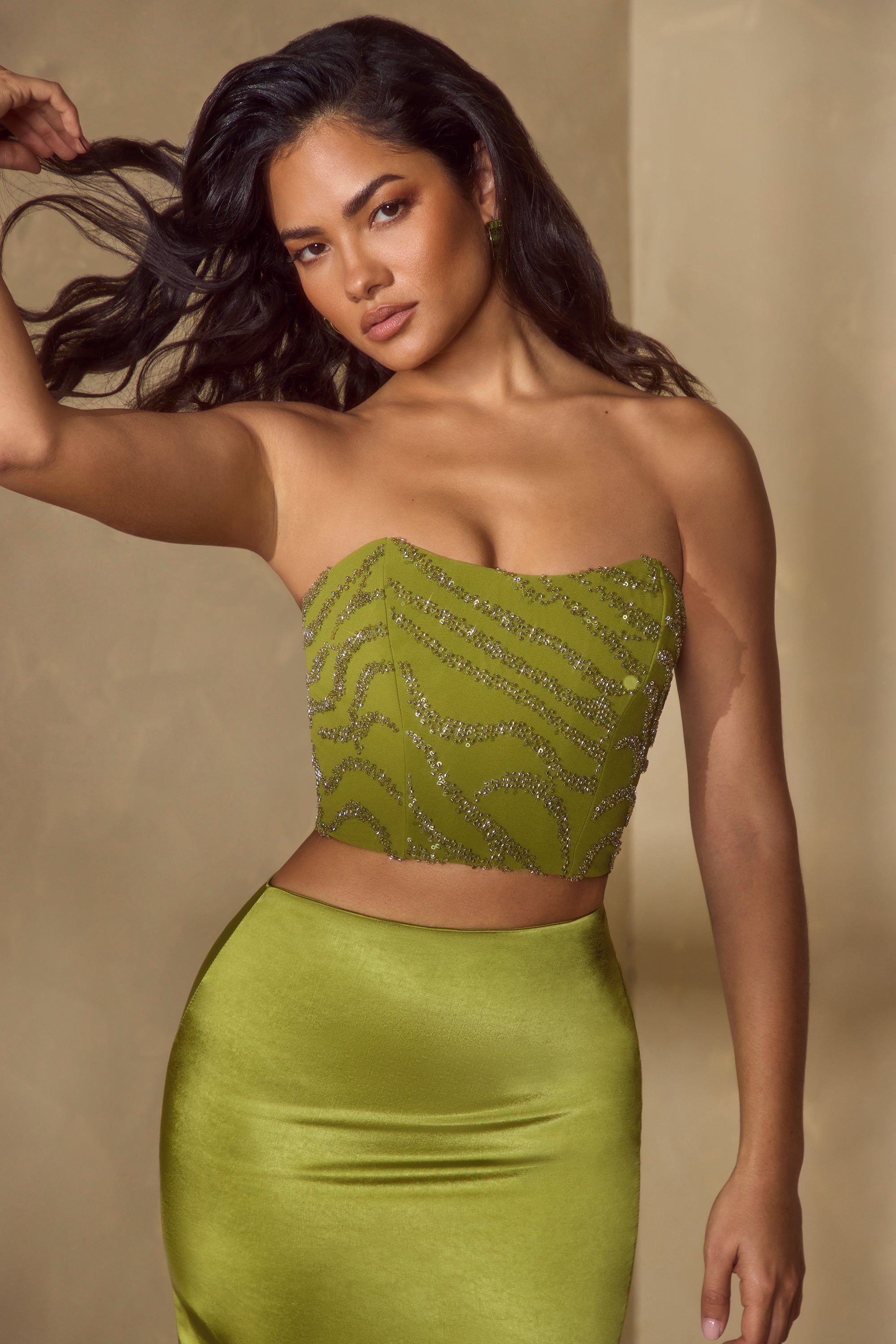 Embellished Bandeau Corset Top in Olive