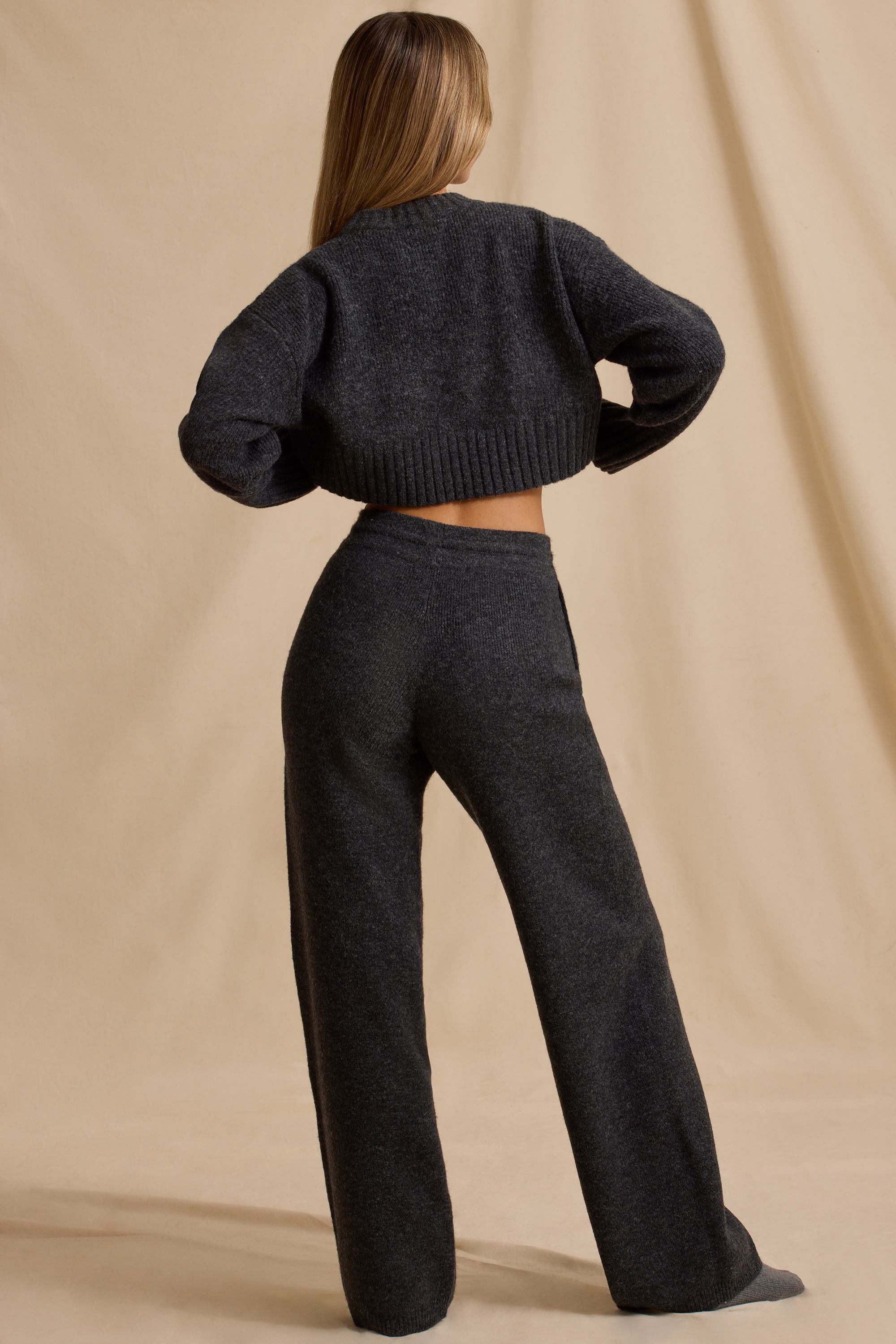 Mid-Rise Wide-Leg Joggers in Charcoal Marl