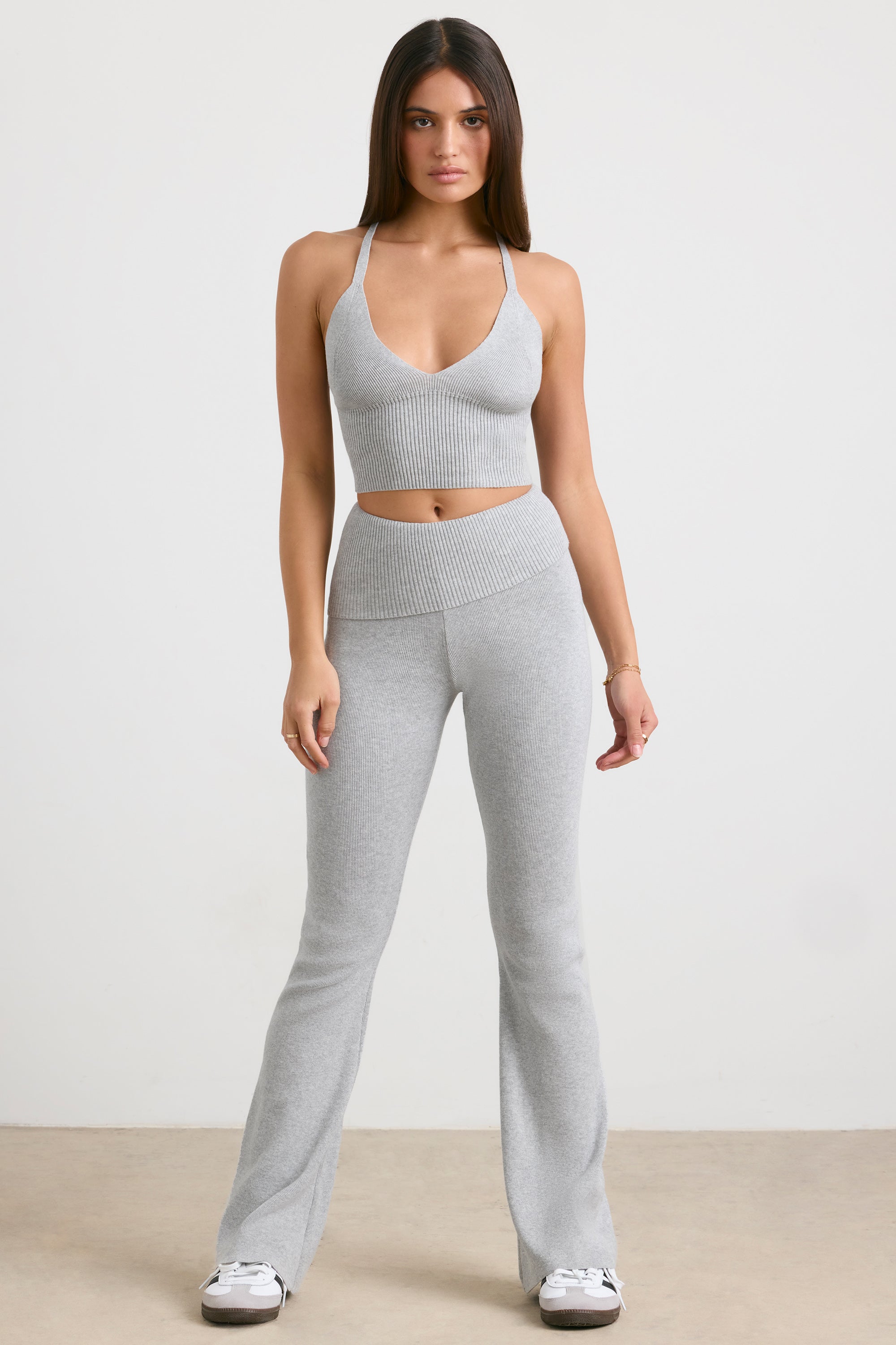 Petite Chunky Knit Kick Flare Trousers in Heather Grey