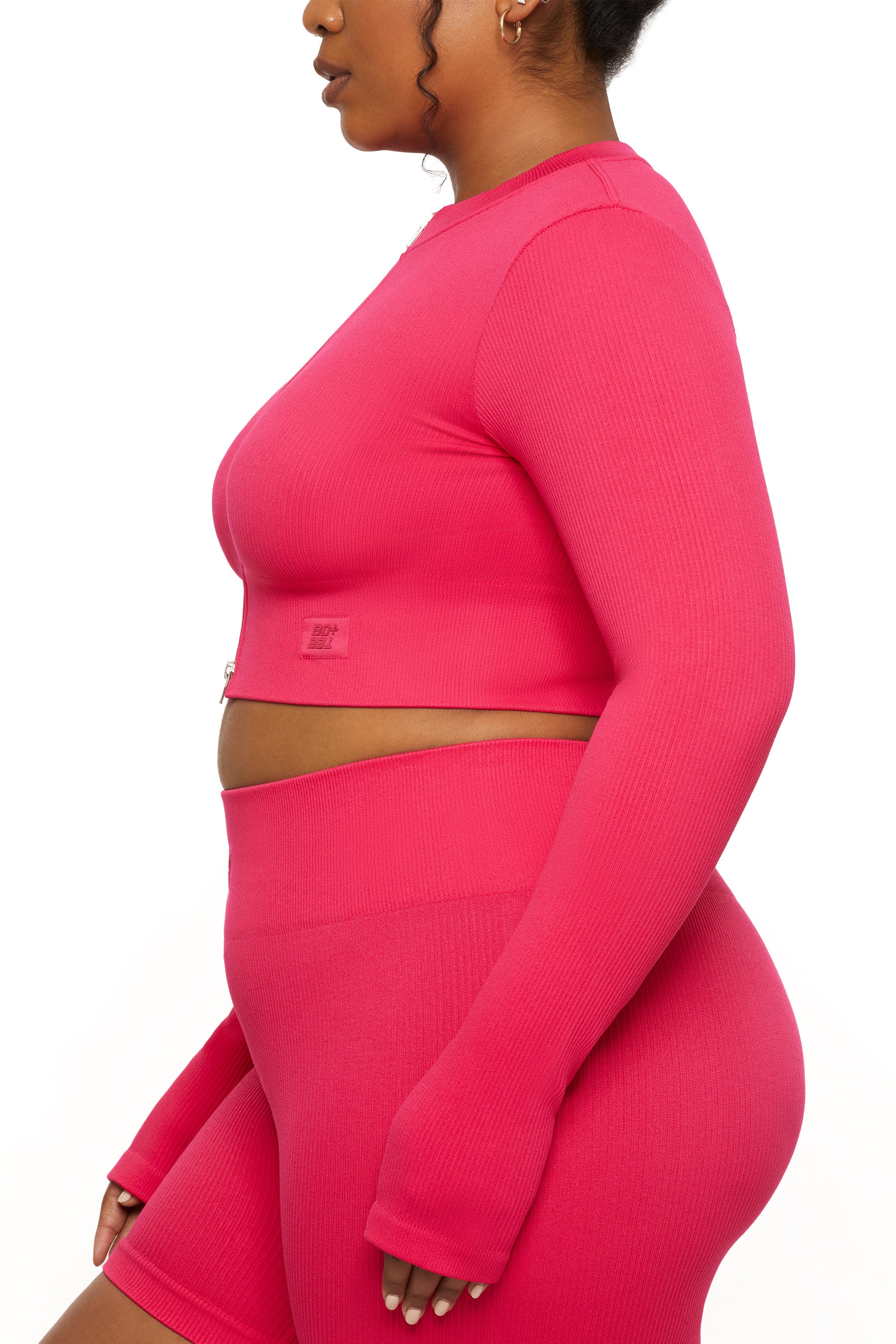 Long Sleeve Zip Crop Top in Hot Pink