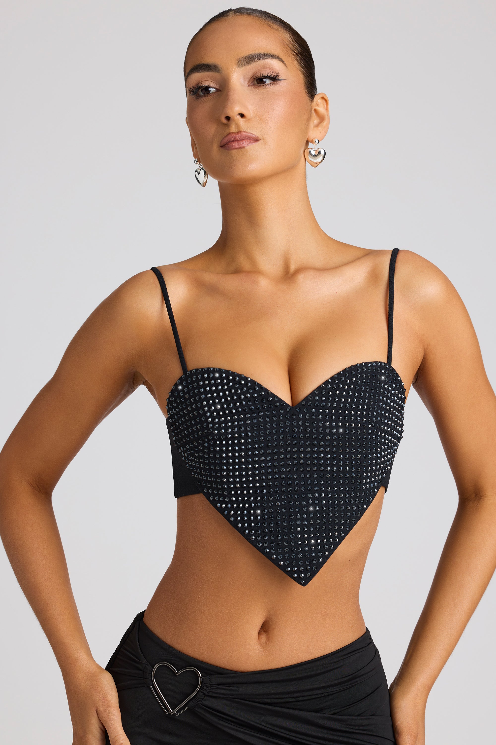 Embellished Heart Detail Crop Top in Black