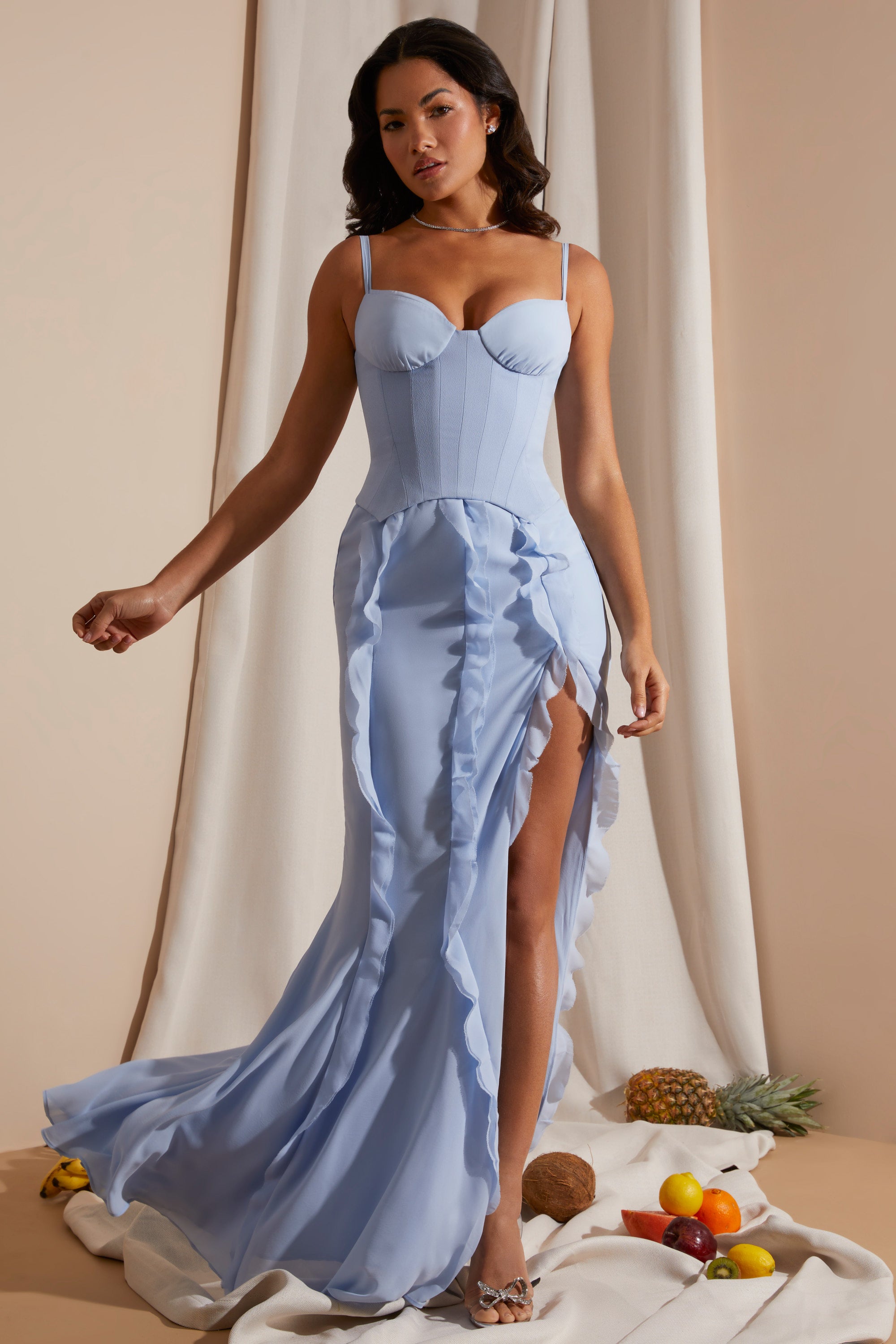 Corset Frill Skirt Maxi Dress in Blue