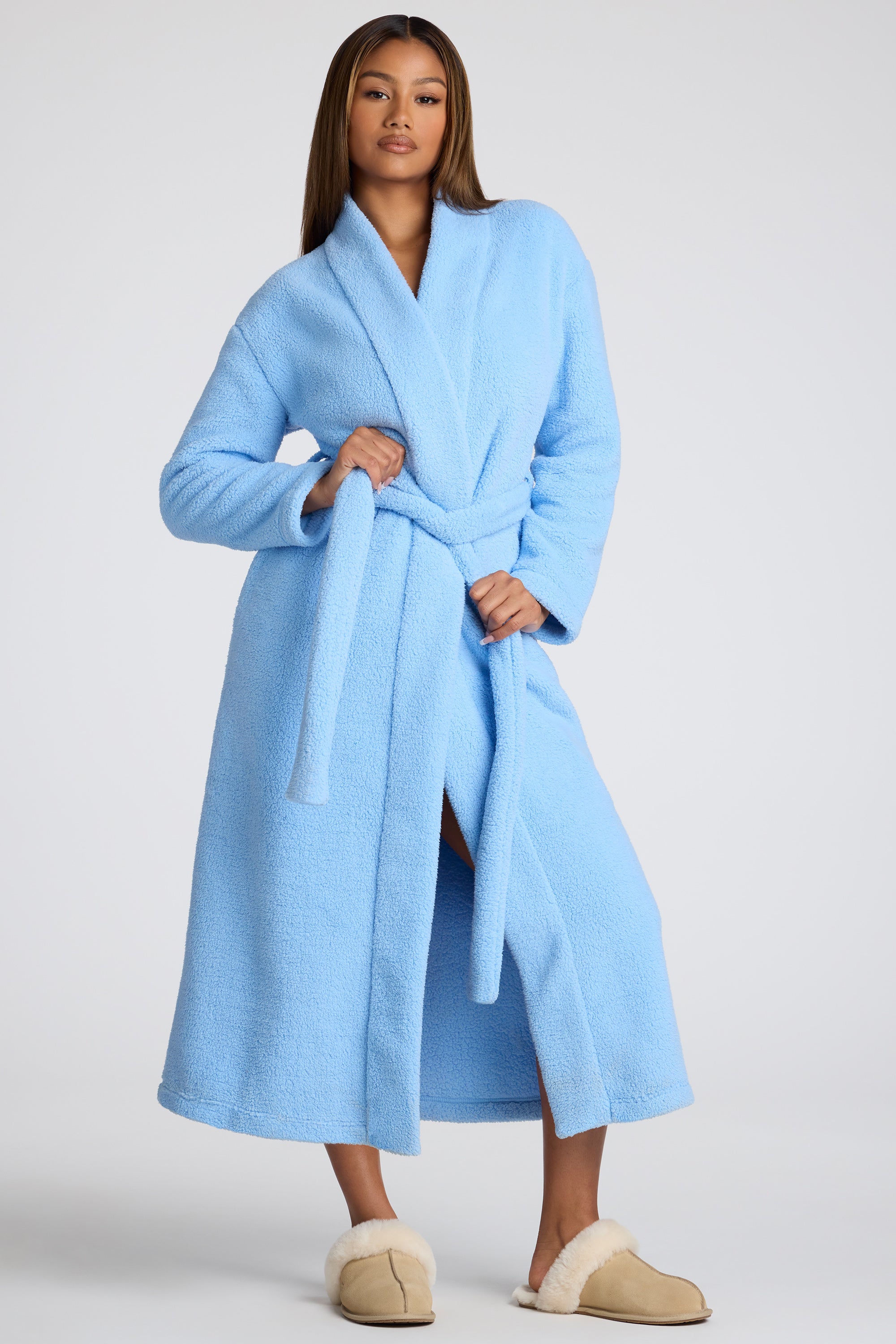 Tie Front Fleece Robe in Baby Blue