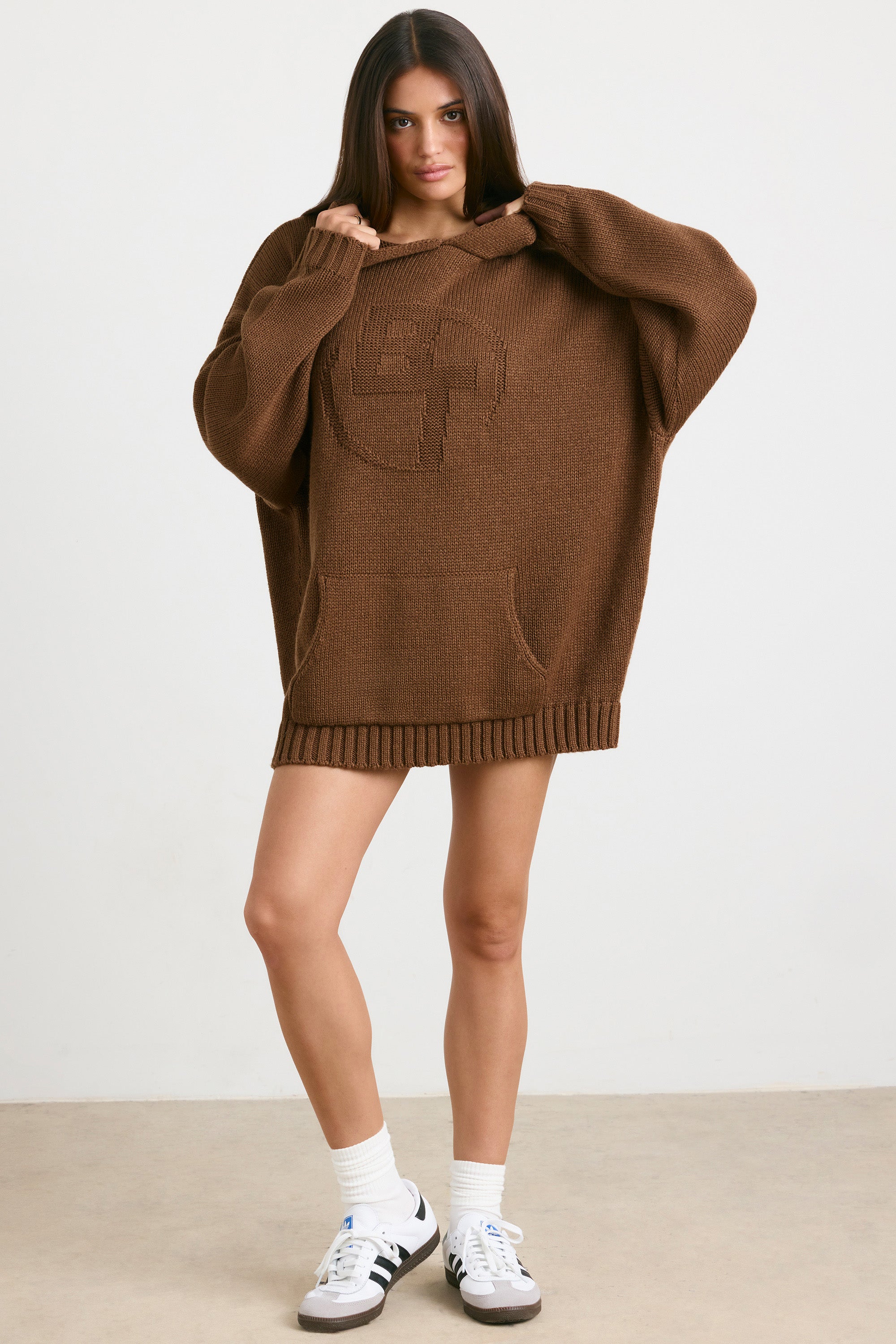 Oversized Chunky Knit Hoodie in Espresso