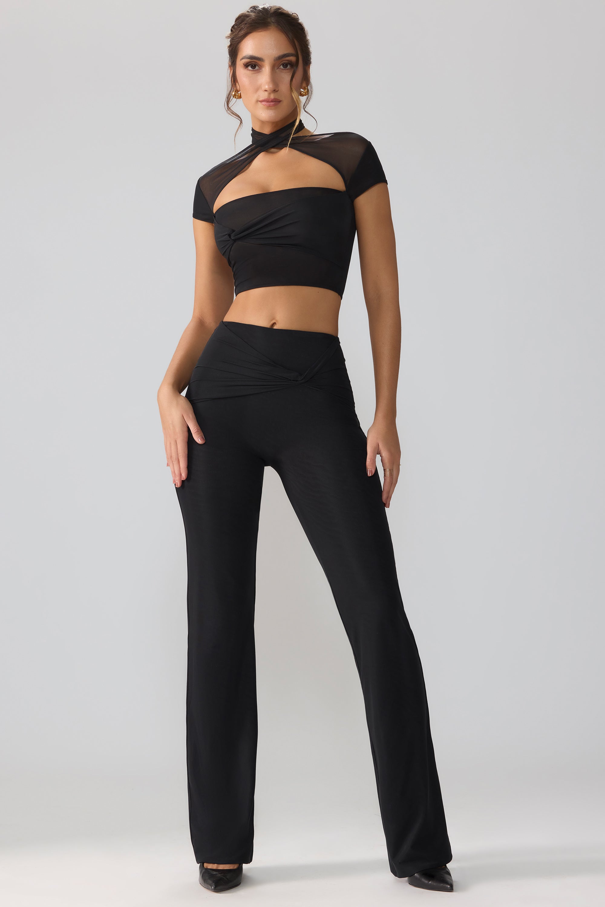 Petite Mesh Mid Rise Twist Overlay Flare Trousers in Black