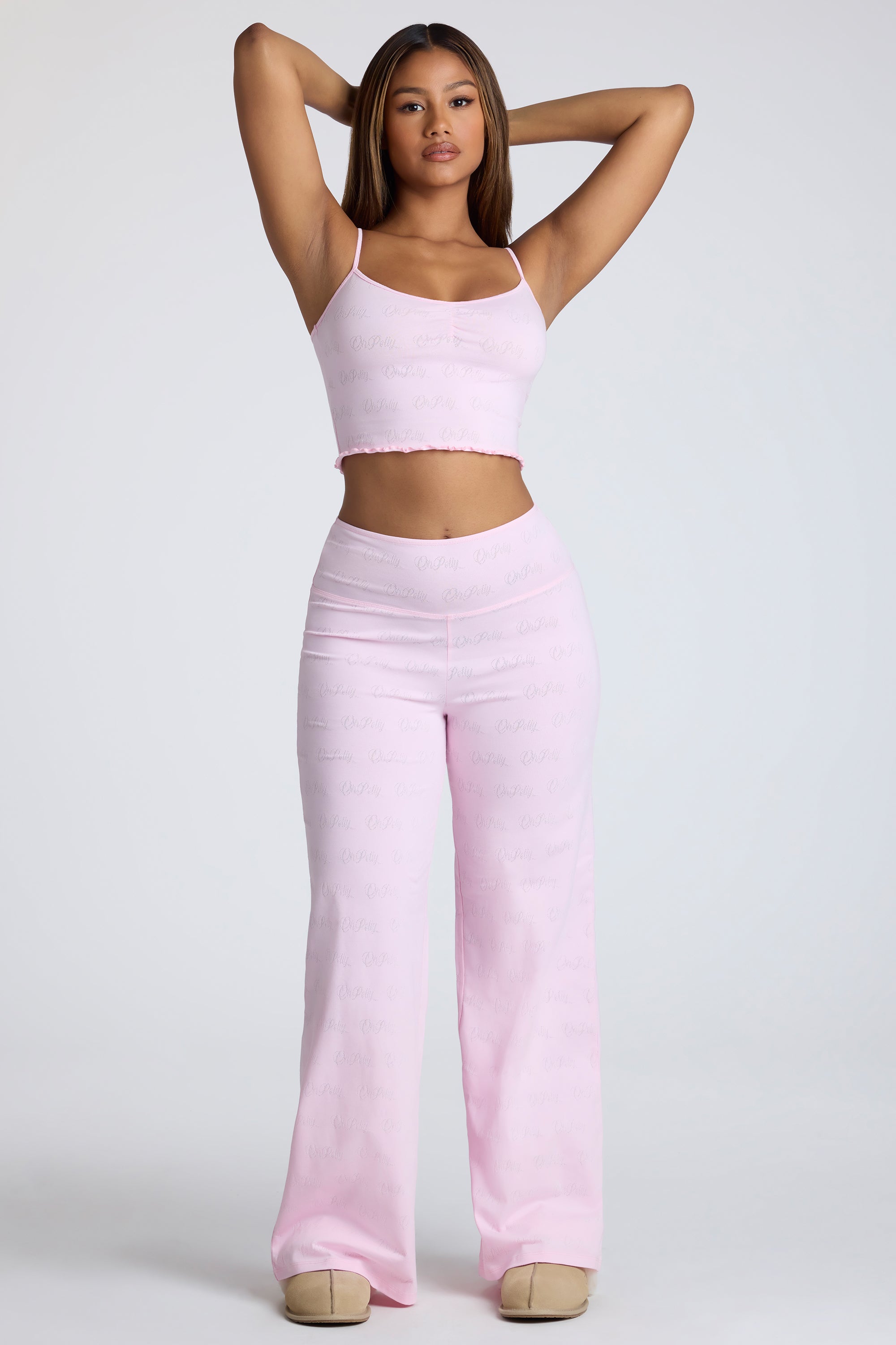 Petite Mid Rise Straight Leg Pointelle Trousers in Baby Pink