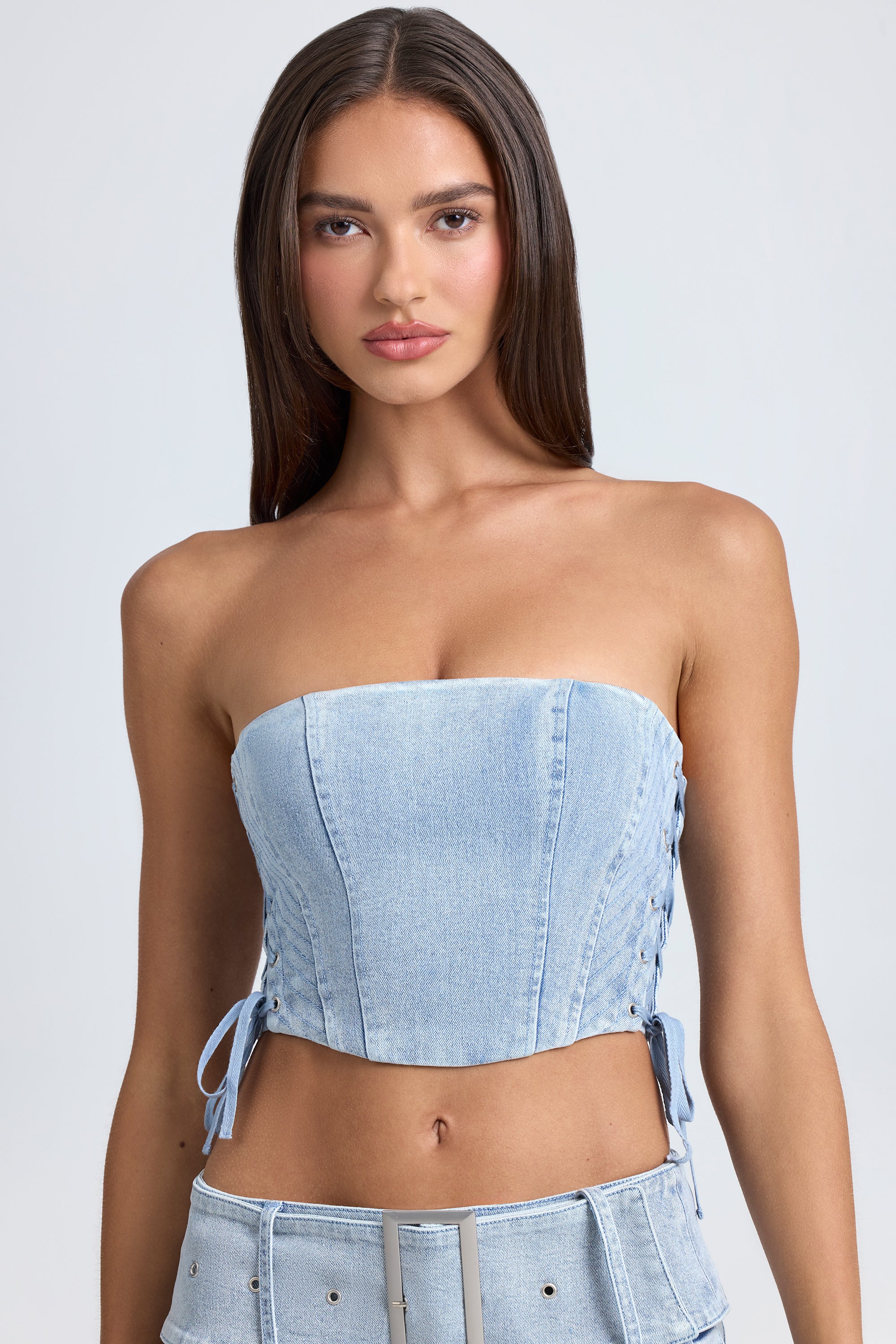 Bandeau Lace-Up Corset Crop Top in Light Blue Stonewash