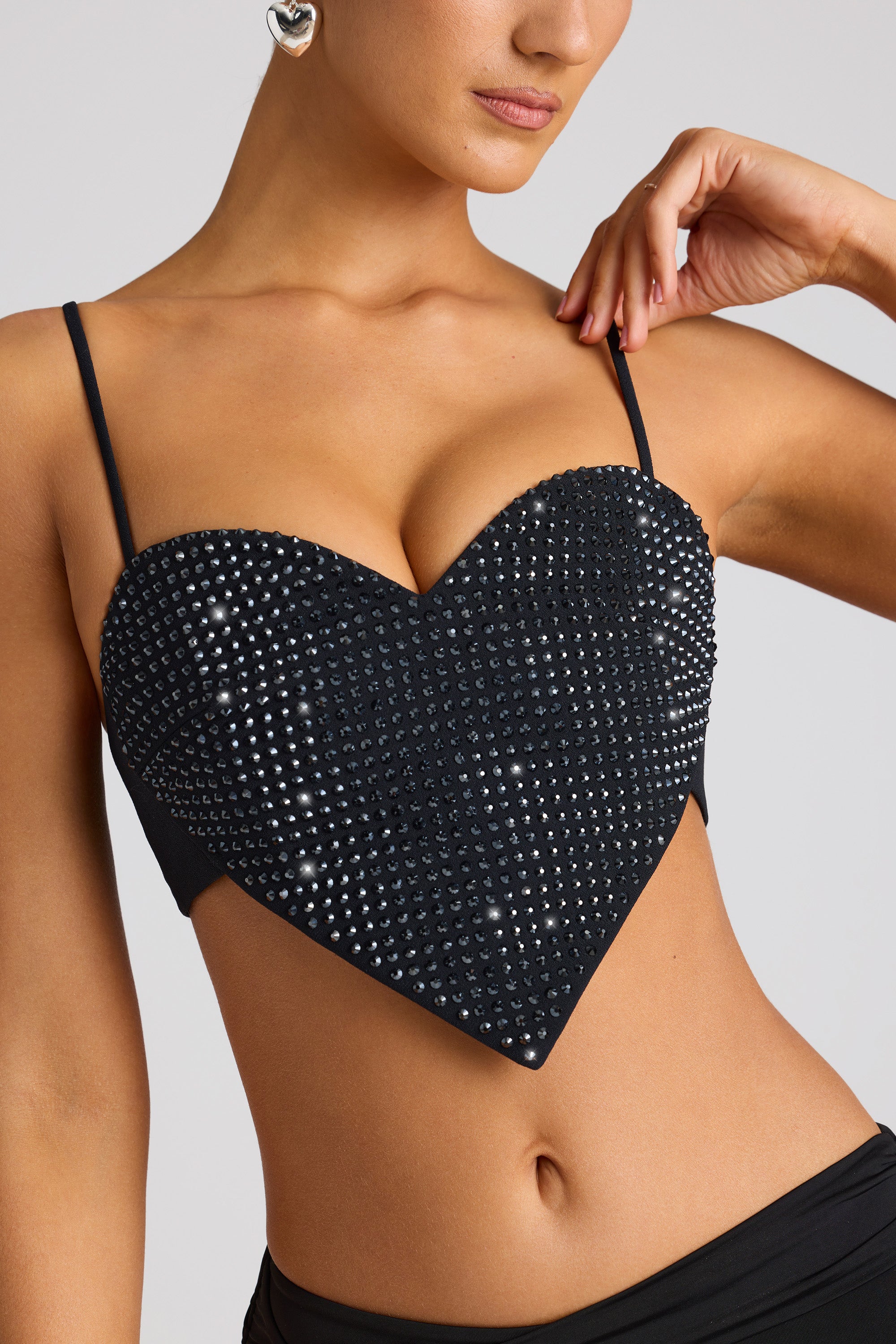 Embellished Heart Detail Crop Top in Black