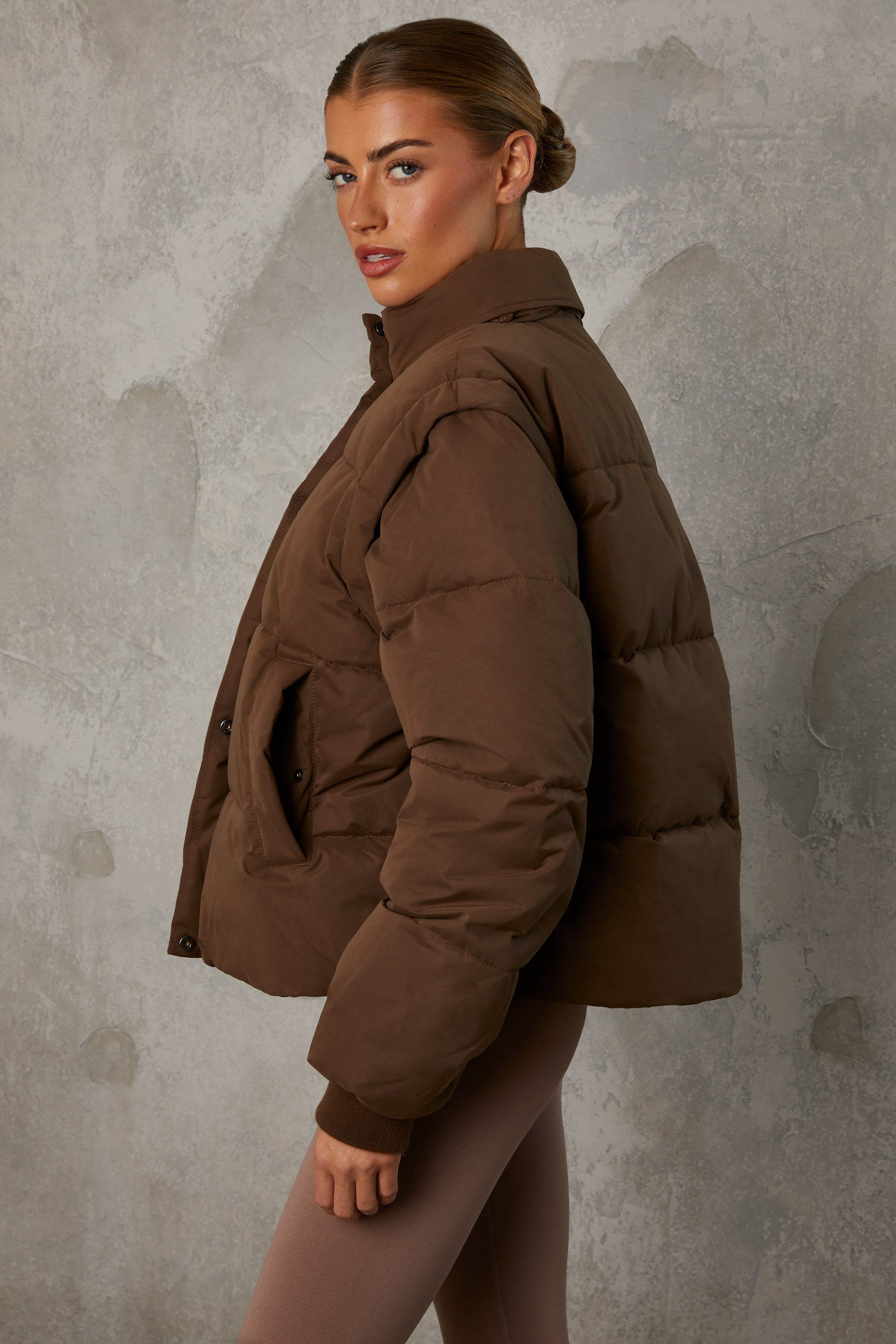 Cropped Puffer Jacket with Detachable Sleeves in Cocoa Brown